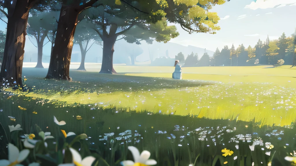 A meadow filled with white flowers Forest next to the grassland