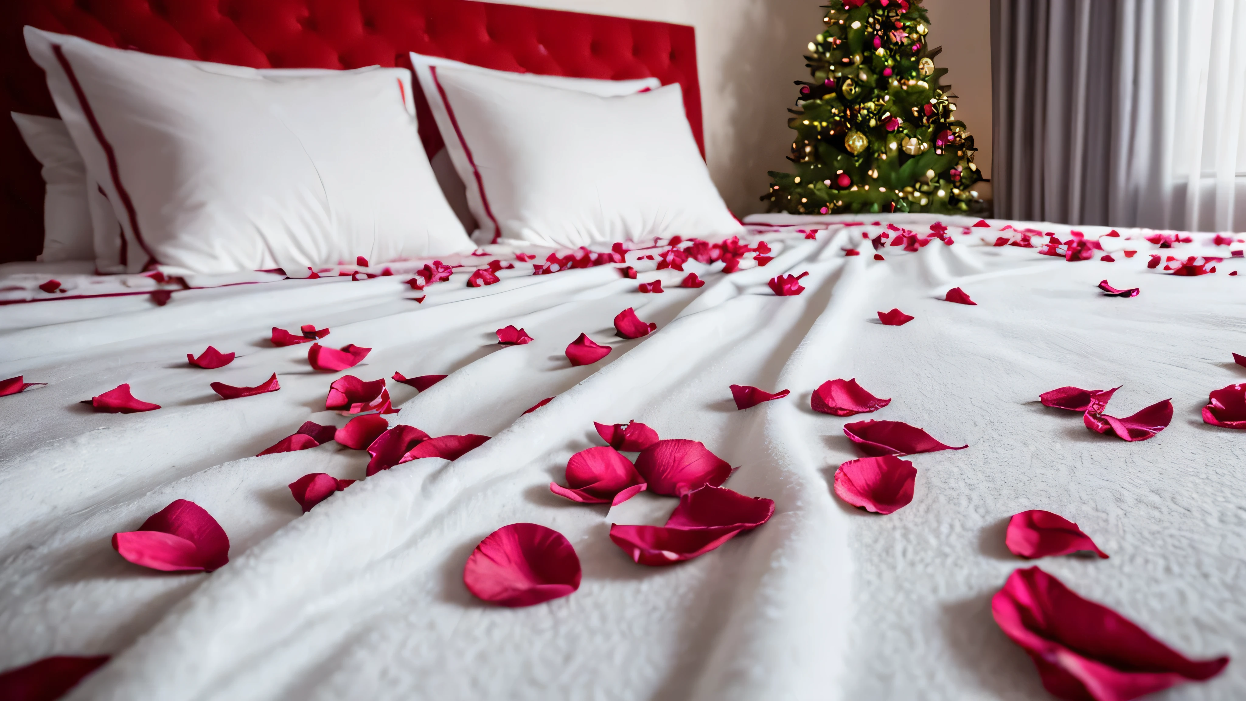 Rose petals in bed ,in the Christmas room,white and pink bed with a fluffy blanket,and there are red rose petals on the bed,pure focus,high hyper detail,High Quality 8K,contrast,professional post-processing,Detailed image,