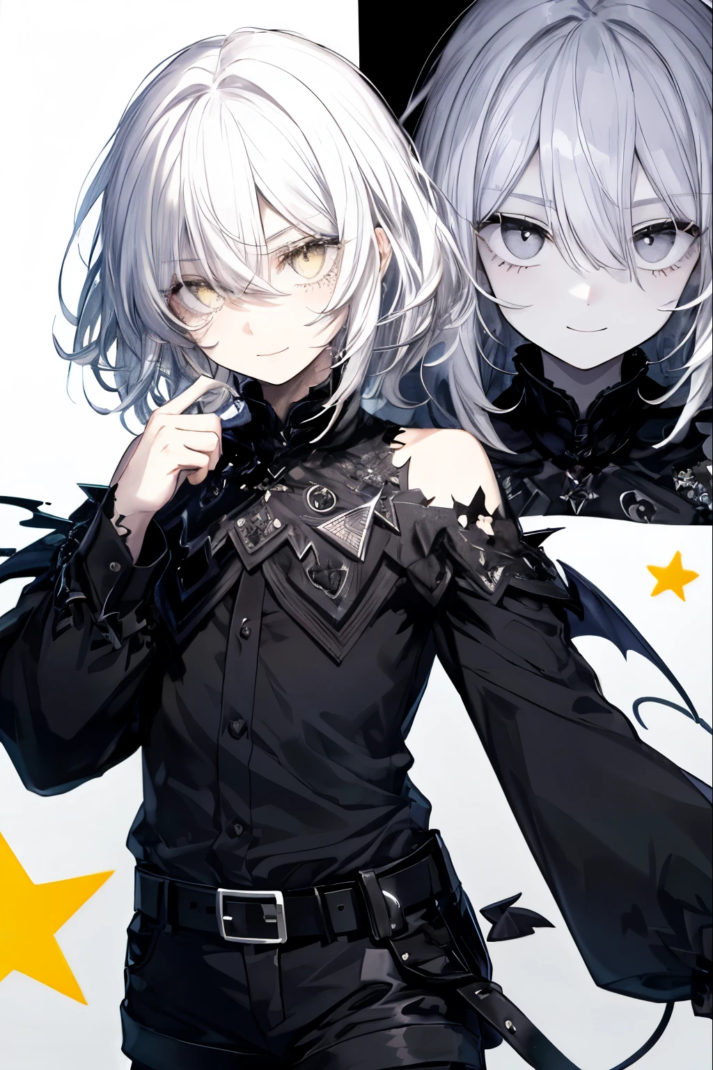 highest quality、best quality、8K、ultra high resolution、highest quality、super detailed、perfect face、very detailed、very delicate、1 boy, solo、(scared),  Gorgios、 dark,soft hair、shoulder-length hair、medium hair((Black hair on the left and white hair on the right))、black eyes, ((yellow stars in my eyes)),  Black long-sleeved shirt,Black shorts、belt、 full of confidence, smile, close your mouth、expressive eyes, collofull eyes, contrast, shadowy,digital art, shining eyes, Intimidating, damaged, devilish,detailed face、Detailed eyes、Detailed background、 dark背景, Based on white and black、black liquid