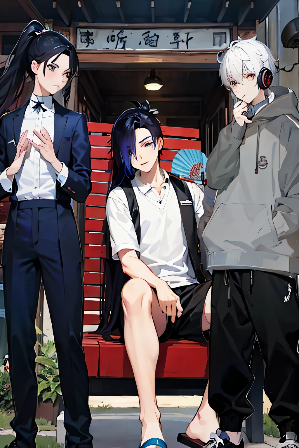 Cartoon character sitting on bench in front of building, Handsome anime pose, 2Danime style, 男性anime style, two anime handsome men, Gurwitz style artwork, anime style, 现代anime style, style anime, High quality anime art style, 仅anime style, high school background, anime style, very 现代anime style