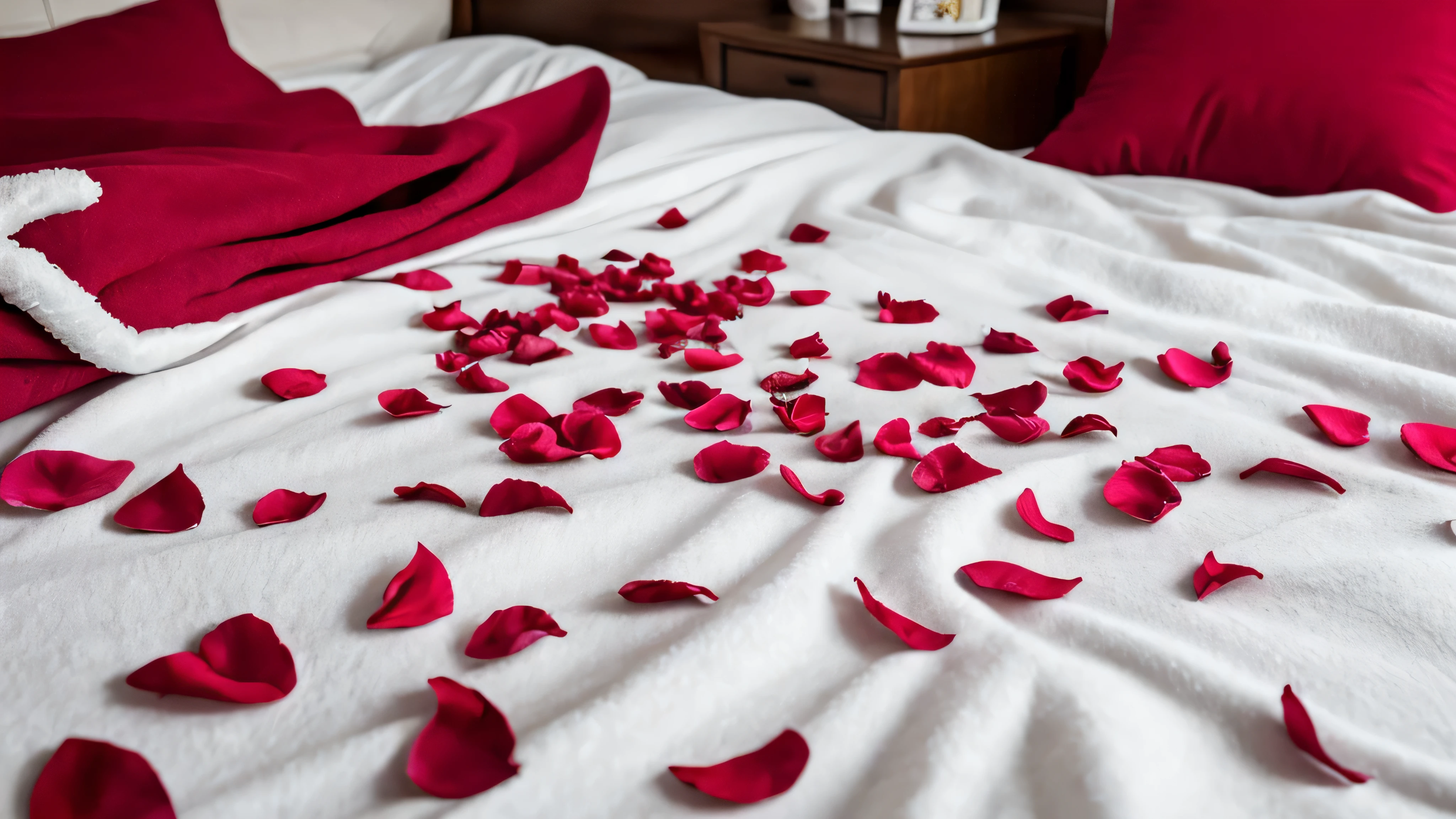 Rose petals in bed ,in the Christmas room,white and pink bed with a fluffy blanket,and there are red rose petals on the bed,pure focus,high hyper detail,High Quality 8K,contrast,professional post-processing,Detailed image,