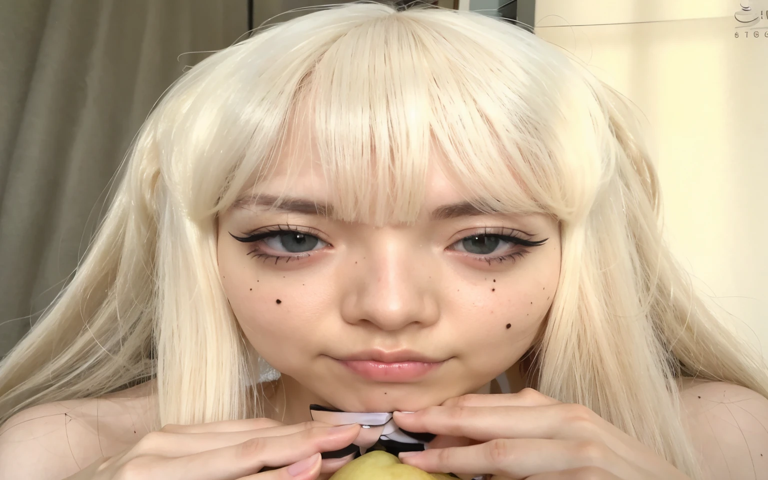 blond haired girl com longos cabelos brancos and black nails holding an apple, penteado com corte hime branco, franja branca, longos cabelos brancos e franja, com cabelos longos brancos, garota de cabelos brancos perfeita, com cabelo branco, com longos cabelos brancos, rosto bonito de cabelo branco, cabelo com franja branca, o cabelo dela branco, pale porcelain white skin, Ulzzang