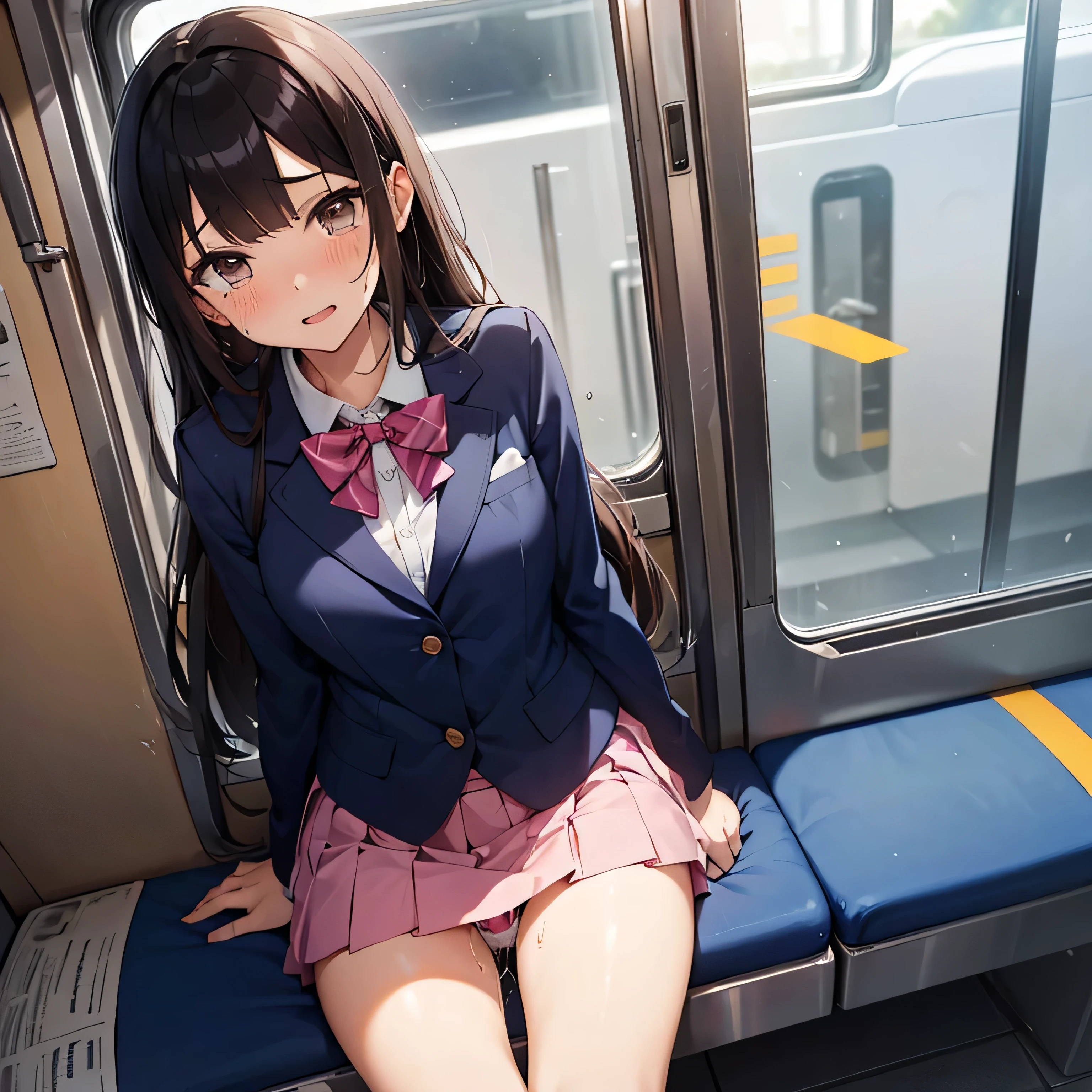 ((((muste piece, Top quality, best quality, 1 girl, solo, beautiful anime、detailed picture))))、(((、slender、thin thighs、normal chest、dark brown hair、straight、long hair、brown eyes、round eyes、Clear system、))),((((In a crowded train、blue sheet、Seats lined up parallel to the window)))、((navy blue blazer、navy blue skirt、School uniform、pink panties、))、(((Sit in the seat、Are crying、shedding a large amount of tears、Climax、embarrassing、disgust、vibrator in underwear、masturbation、love juice overflows)))、NSFW、image from the knees up、