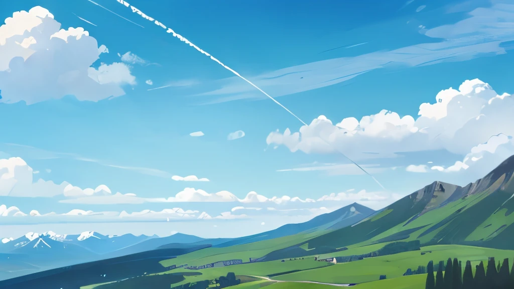 summer blue sky green mountain Three contrails in the distant sky