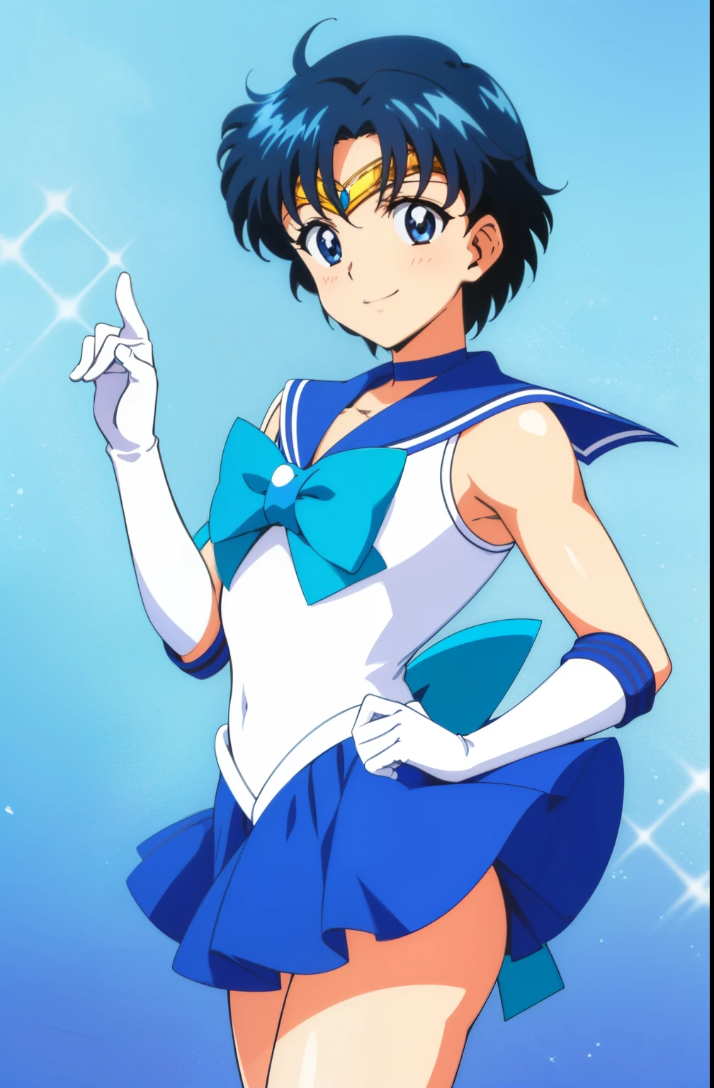 Top Quality Anime Art、masterpiece、high definition anime art、アニメstyle4K、High resolution、anime boy、Junior high school boys、blue choker、solo、Sailor Senshi Uniform、Very short blue-haired boy、Blue-eyed boy、white gloves、elbow bag、blue sailor collar、Sky blue bow tie、Magical Boy、Strong muscles、jewelry、smile、mouth open、back_bow、Golden Circlet、Muscular and strong、white leotard、high leg leotard、white dress、blue_bow、sky blue_bow、white_bow、earrings、skirt、brooch、collarbone、blue skirt、mini skirt、pleated skirt、blue background、white background、公式アートstyle、muscular man、Bare shoulders、bare legs、(1990s\(style\):0.9)、
