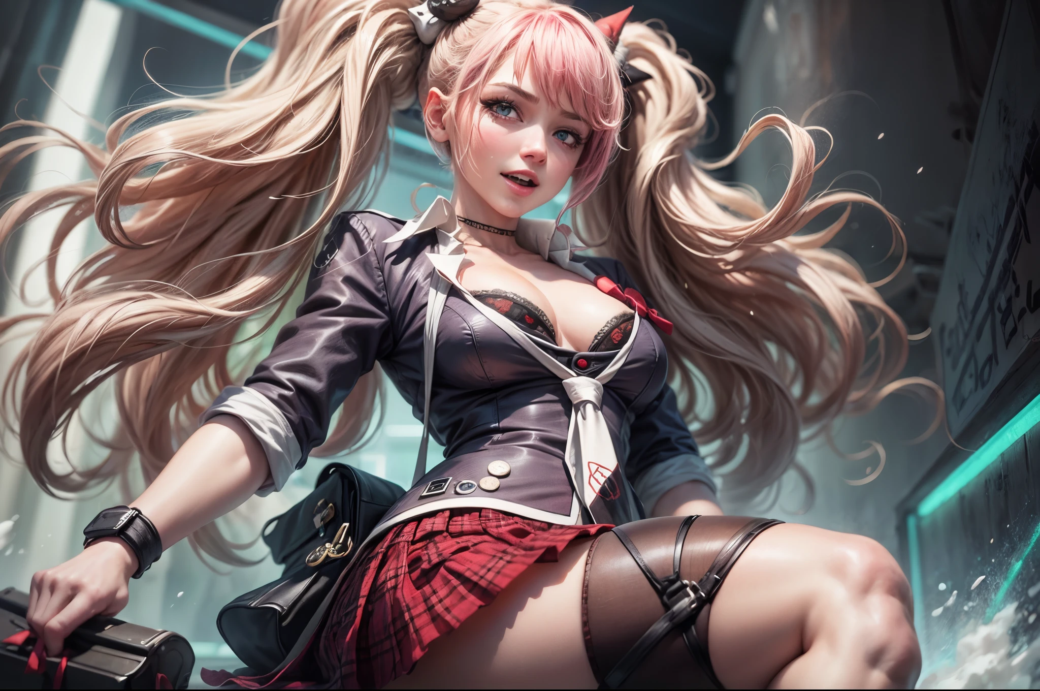 Best Quality, Realistic, Realistic, Award-Winning Illustrations, (Intricate Details: 1.2), (Fine Details), (Intricate Details), (Cinematic Light, Best Quality Backlight), Clear Lines, Sharp Focus, Official Art, Unity 8k Wallpaper, Ridiculous, Incredibly Ridiculous, Fantasy Art, RTX,long hair, 1girl, hair ornament, twintails, solo, breasts, blue eyes, cleavage, bow, bear hair ornament, necktie, blonde hair, smile, bangs, large breasts, looking at viewer, collarbone, shirt, nail polish, red bow, black shirt, underwear, bra, skirt, choker, black bra, sleeves rolled up, white necktie, red nails, open mouth, pleated skirt, red skirt, shiny, teeth, medium breasts, miniskirt, shiny hair, upper body, school uniform, pink hair, boots, upper teeth only, plaid skirt, blush, knee boots, plaid, black footwear, cross-laced footwear, junko enoshima