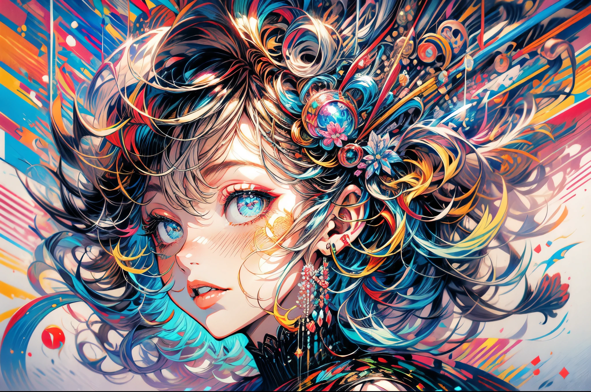 (best quality,masterpiece:1.2,intricate details:1.2),beautiful face,ukiyoe,1girl,a girl in patterned kimono,look at viewer:1.3,face tattoo:1.2,small oni horn,detailed hair,flowing brushstrokes,traditional Japanese art, vibrant colors, golden obi, delicate cherry blossoms, serene expression, traditional makeup, peaceful background, soft lighting