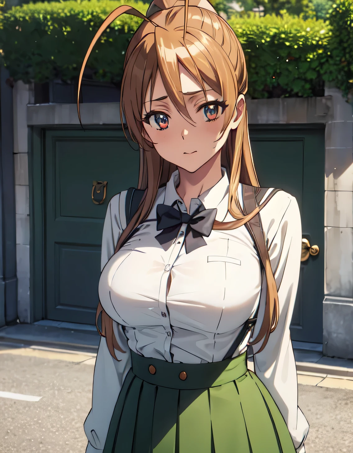 High resolution, disorganized,Rei Miyamoto, school uniform,closed mouth,(big breasts:1.5),looking at the viewer,Are standing,((masterpiece)),((highest quality)),perfect anatomy,8K UHD,highly detailed face,luster and luster,((1 girl)),((alone)),(beautiful and fine eyes:1.5),perfect image,(Upper body:1.1),(look ahead:1.1),turn your arms behind your back,slim waist,shiny hair,outdoor,brown hair,