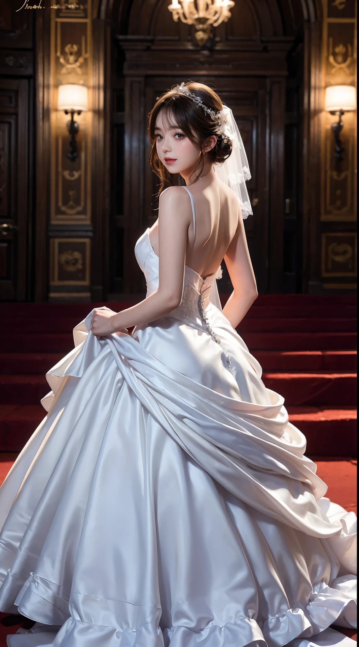 (best quality, high definition, masterpiece:1.2,), Illustration, night, 1girl, full body, (wedding dress), arm behind back, waiting for kiss, looking at viewer, happy, blush,