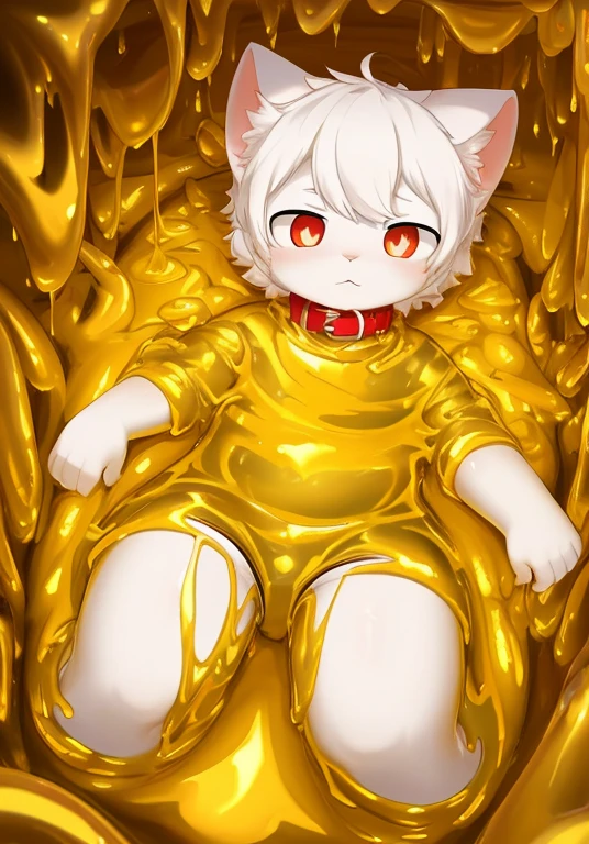 (best quality,4K,8k,highres,masterpiece:1.2),ultra-detailed,a male white cat wearing a diaper,collar,red pupils,cat ears,cat nose,immersing in golden slime,sinking into the slime,thighs covered in golden slime,golden slime