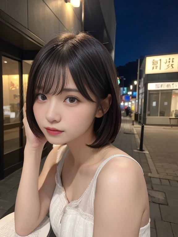 finely, High resolution, high quality、完璧なダイナミックな構shape, beautiful and detailed eyes, bob hair, small breasts、natural color lip,Kamimehibuya、20 year old girl、1 person、transparent skin、shining hair、table top, 最high quality, shape, Super detailed, finely, High resolution, 8K、correct state of the human body、Self snap、hair blowing in the wind，night view