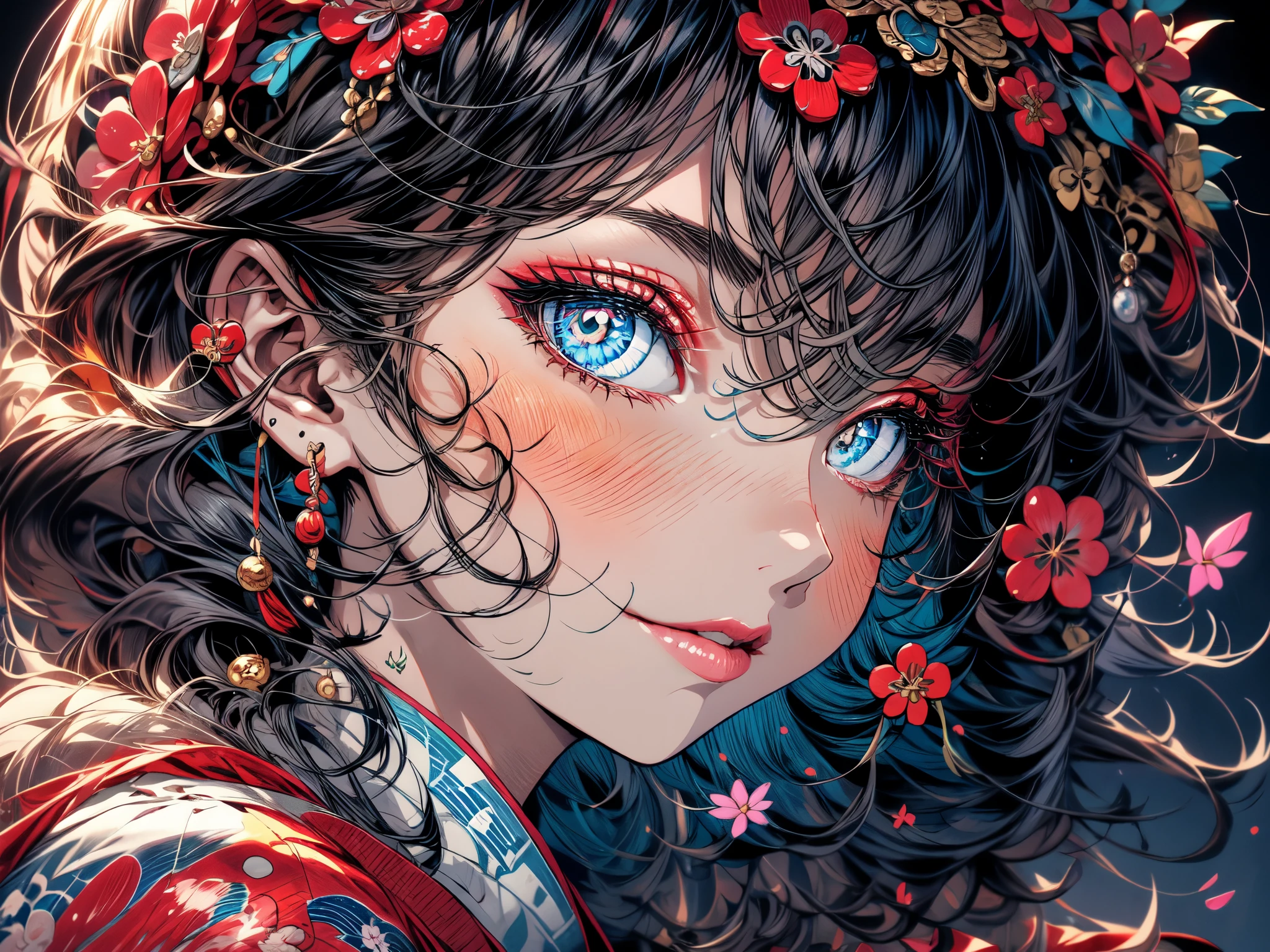 (best quality,masterpiece:1.2,intricate details:1.2),beautiful face,ukiyoe,1girl,a girl in patterned kimono,look at viewer:1.3,face tattoo:1.2,small oni horn,detailed hair,flowing brushstrokes,traditional Japanese art, vibrant colors, golden obi, delicate cherry blossoms, serene expression, traditional makeup, peaceful background, soft lighting