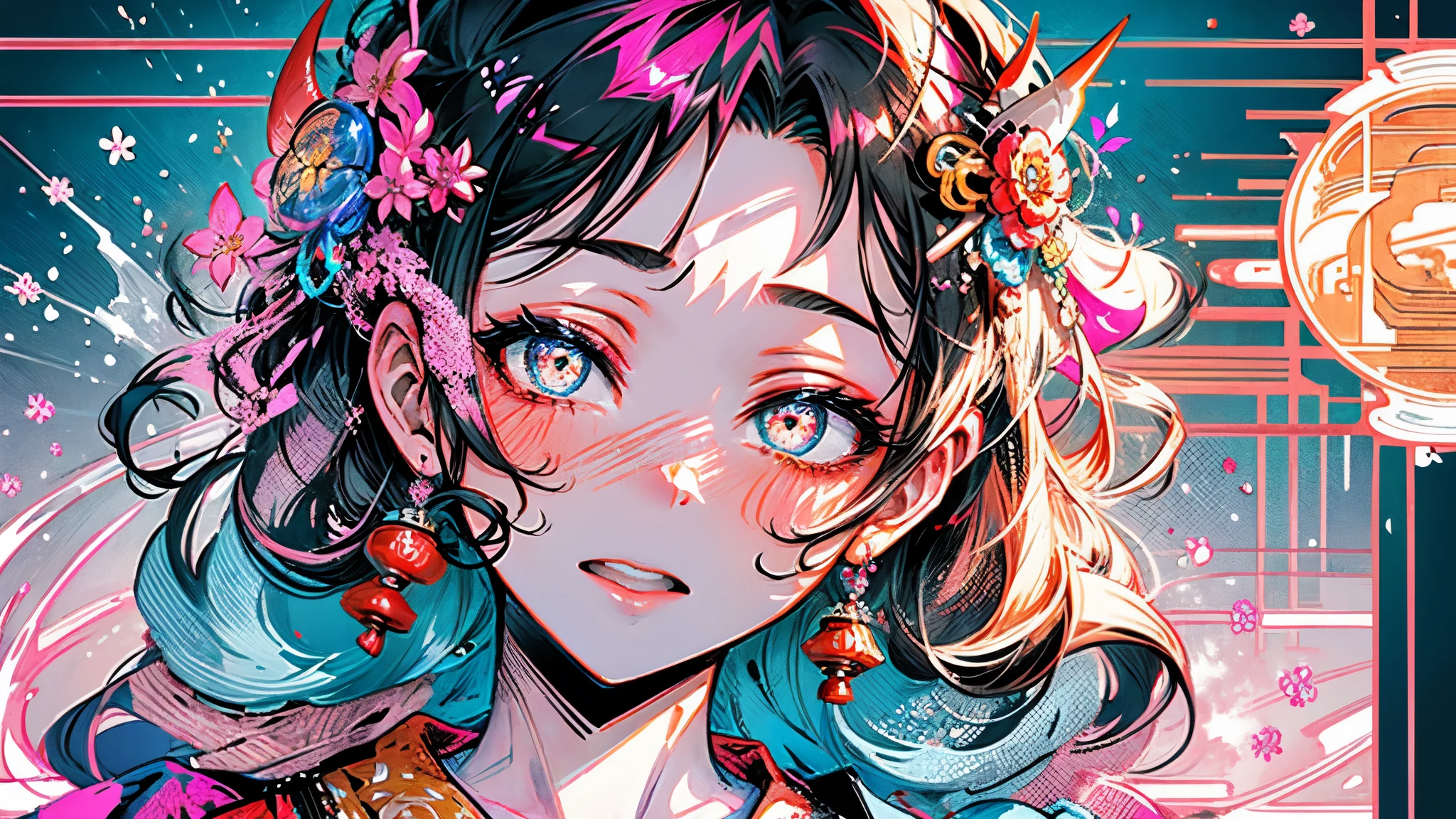 (best quality,masterpiece:1.2,intricate details:1.2),beautiful face,ukiyoe,1girl,a girl in patterned kimono,look at viewer:1.3,face tattoo:1.2,small oni horn,detailed hair,flowing brushstrokes,traditional Japanese art, vibrant colors, golden obi, delicate cherry blossoms, serene expression, traditional makeup, peaceful background, soft lighting