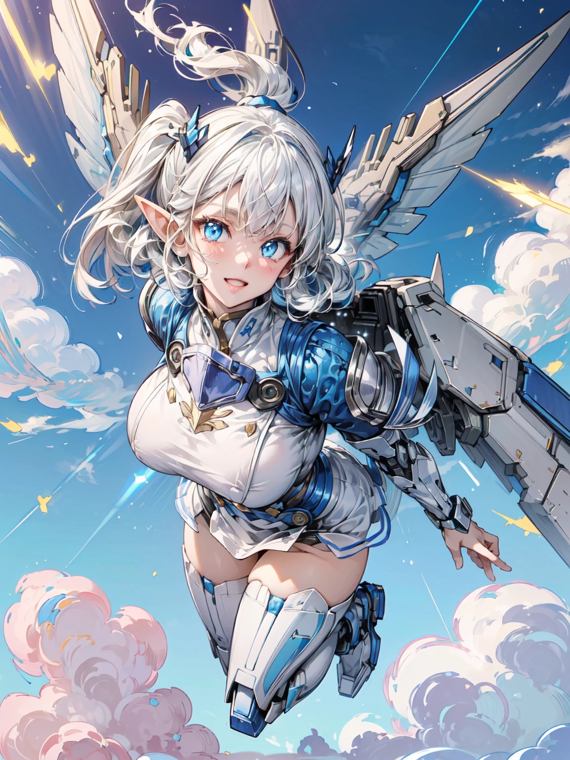 (masterpiece, highest quality, wonderful, very detailedティッカーユニティ、8k wallpaper, Depth of bounds written, Super thin illustration:1.5)、3D, very detailed, (whole body、Mecha elf girl:1.3), sci-fi battlefield, Hawken, smile, open your mouth, short ponytail hair, (white blonde hair, deep blue eyes:1.2), sparkling eyes, cute顔, cute, big breasts, delicate hair, messy hair, (((Flying high in the sky))、blue sky, White cloud), shiny hair, shiny skin, (Symmetrical mechanical winetallic colored mechanical wings that are widely expanded to the left and right so that they protrude wonderfully from the screen, headgear, white hair ornament), (particles of light, cinematic lighting: 1.3), (light pink lips: 0.8), by Yusuke Murata.