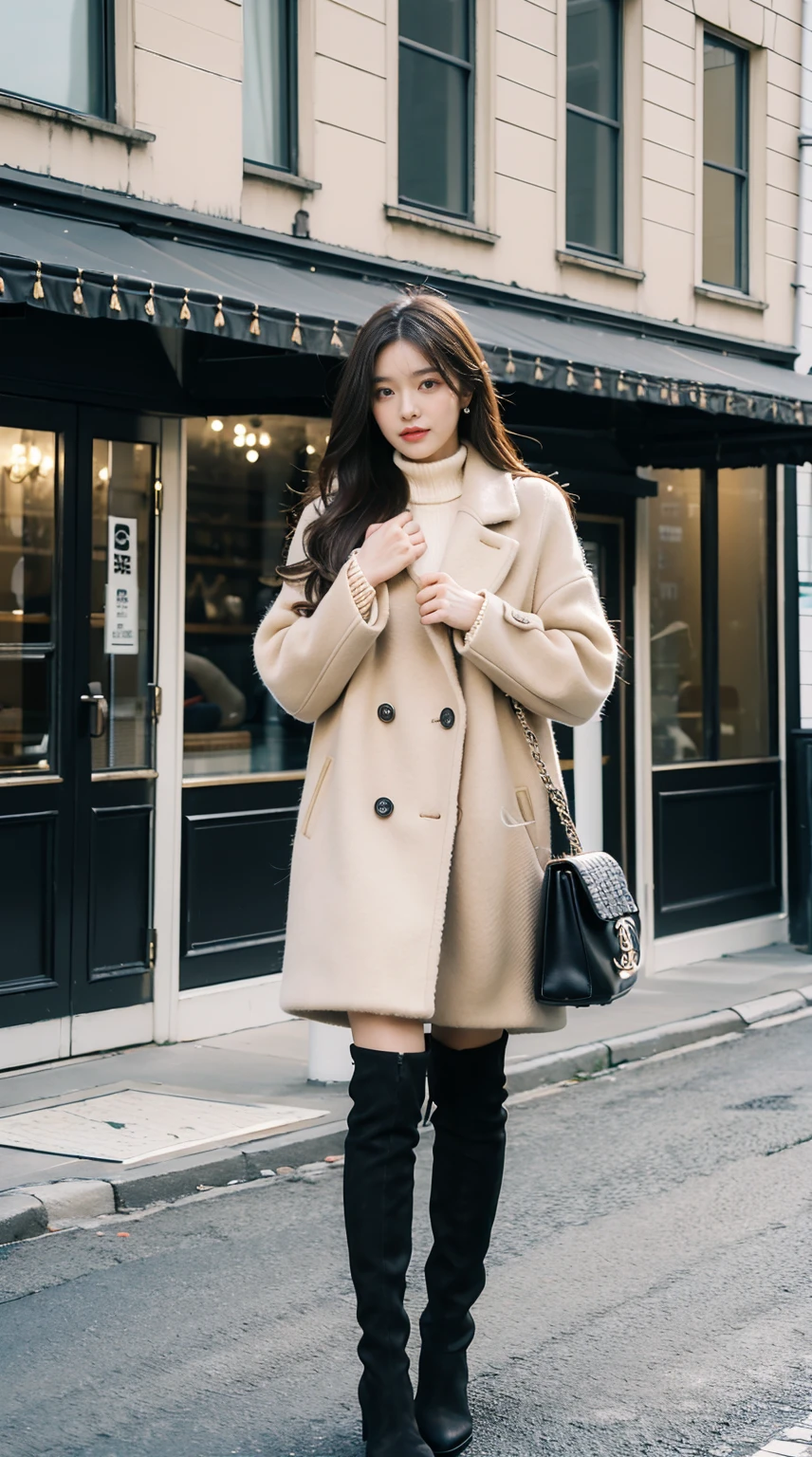 best quality,masterpiece,ultra high resolution,(Reality:1.4),RAW photos,ultra high definition,8k,there  a girl,fashionable clothes,Chanel style,winter clothes,fashion clothing,long wool coat,high boots,over the knee boots,high-class fashion,grace,best seller,casual gesture