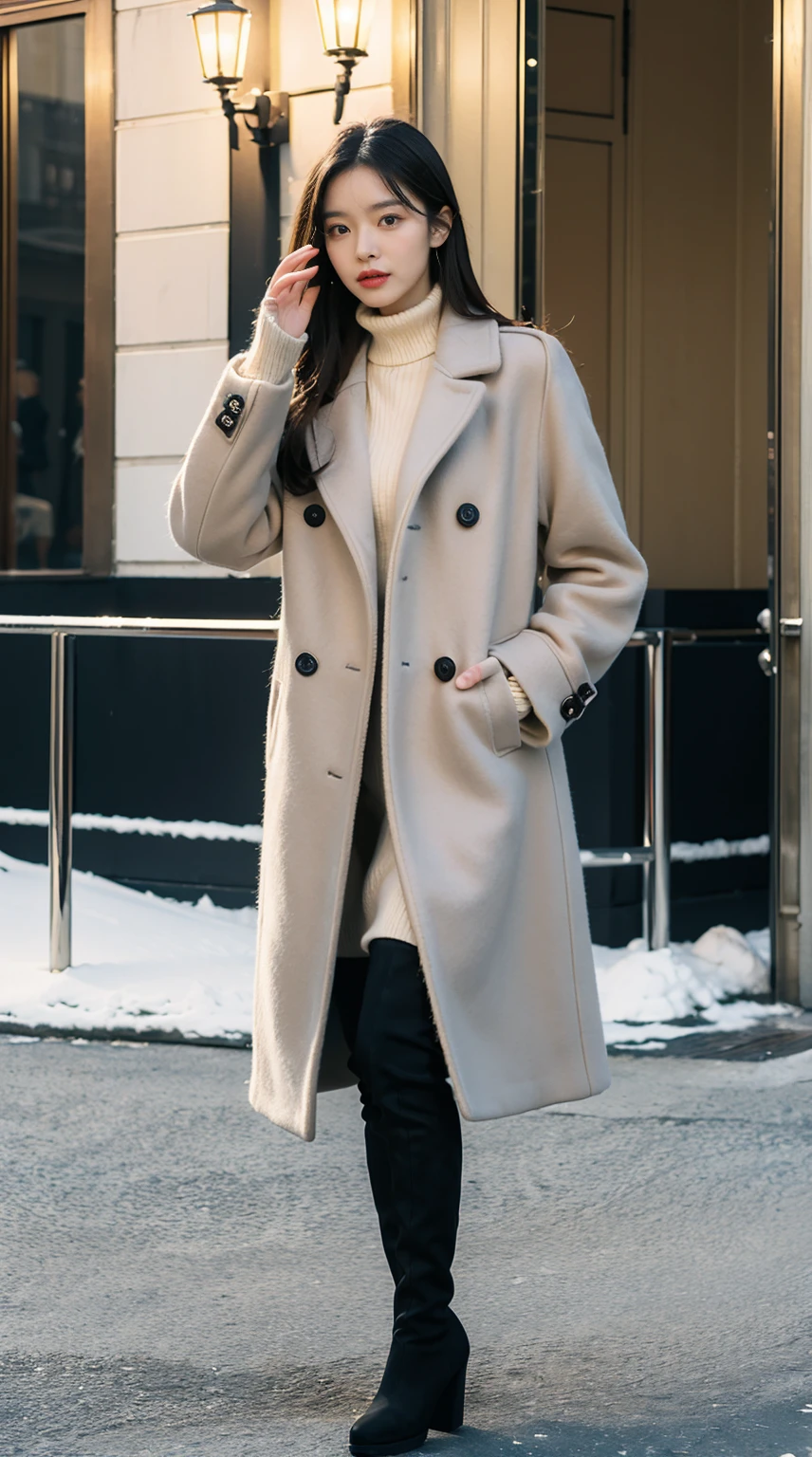 best quality,masterpiece,ultra high resolution,(Reality:1.4),RAW photos,ultra high definition,8k,there  a girl,fashionable clothes,Chanel style,winter clothes,fashion clothing,long wool coat,high boots,over the knee boots,high-class fashion,grace,best seller,casual gesture