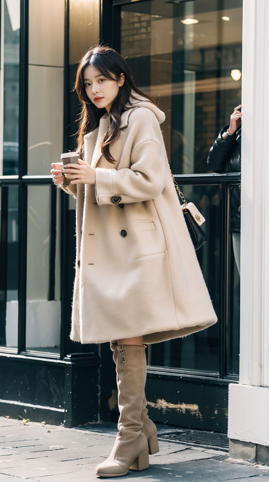 best quality,masterpiece,ultra high resolution,(Reality:1.4),RAW photos,ultra high definition,8k,there  a girl,fashionable clothes,Chanel style,winter clothes,fashion clothing,long wool coat,high boots,over the knee boots,high-class fashion,grace,best seller,casual gesture