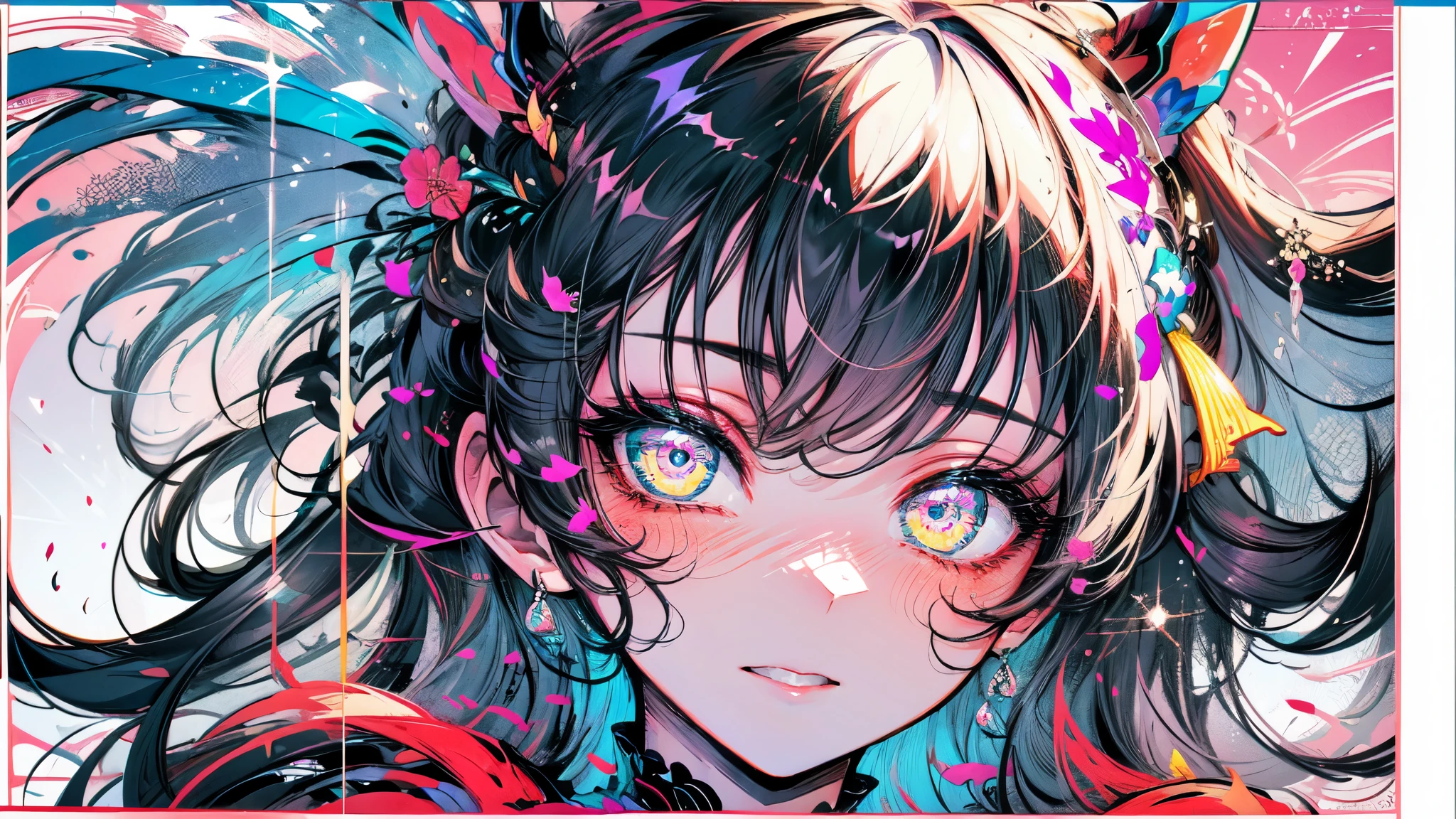 (best quality,masterpiece:1.2,intricate details:1.2),beautiful face,ukiyoe,1girl,a girl in patterned kimono,look at viewer:1.3,face tattoo:1.2,small oni horn,detailed hair,flowing brushstrokes,traditional Japanese art, vibrant colors, golden obi, delicate cherry blossoms, serene expression, traditional makeup, peaceful background, soft lighting
