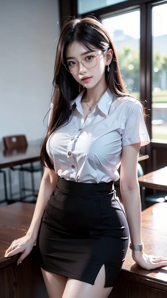 (upper body: 1.2 1 girl, Masterpiece, คุณภาพดีatสุด, Very detailed, illustration, 20 year old blonde girl in school uniform, หญิงสาวในชุดshort skirt, ดวงตาatมีรายละเอียดประณีตและใบหน้าatมีรายละเอียด) clothes: short skirt, white shirt, Wedding Rings, shape: short black hair low, clean bread, maquillaje natural, (purple eyes: 1.05), white glasses, wide hips, big breasts, charming, maternal, at_at_top executive_office, มองไปatผู้ชม, curve, voluptuous, whole body, top executive lady, (20 year old girl in uniform: 1.1), alone, (curve: 1.1), big ass, thick thighs, MILF, Classroom Fund,