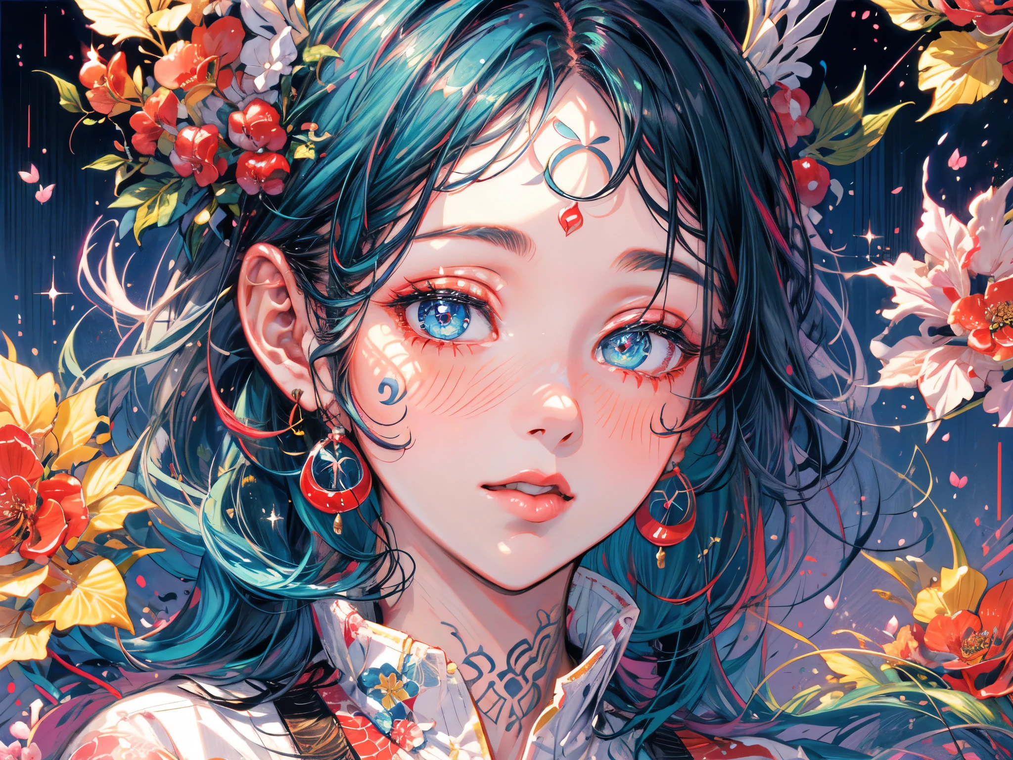 (best quality,masterpiece:1.2,intricate details:1.2),beautiful face,ukiyoe,1girl,a girl in patterned kimono,look at viewer:1.3,face tattoo:1.2,small oni horn,detailed hair,flowing brushstrokes,traditional Japanese art, vibrant colors, golden obi, delicate cherry blossoms, serene expression, traditional makeup, peaceful background, soft lighting