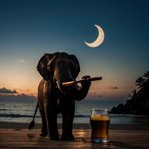 An elephant standing on a toothpick while smoking a cigar and drinking a beer at the beach with the moon in the sky