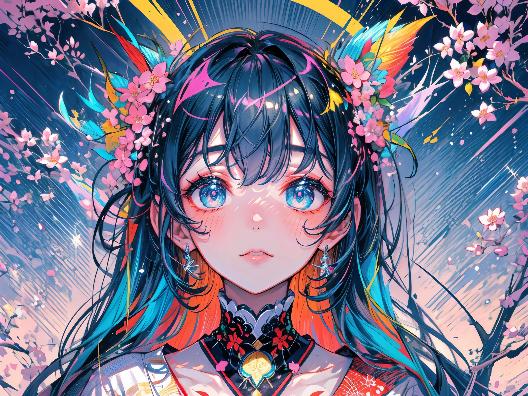 (best quality,masterpiece:1.2,intricate details:1.2),beautiful face,ukiyoe,1girl,a girl in patterned kimono,look at viewer:1.3,face tattoo:1.2,small oni horn,detailed hair,flowing brushstrokes,traditional Japanese art, vibrant colors, golden obi, delicate cherry blossoms, serene expression, traditional makeup, peaceful background, soft lighting