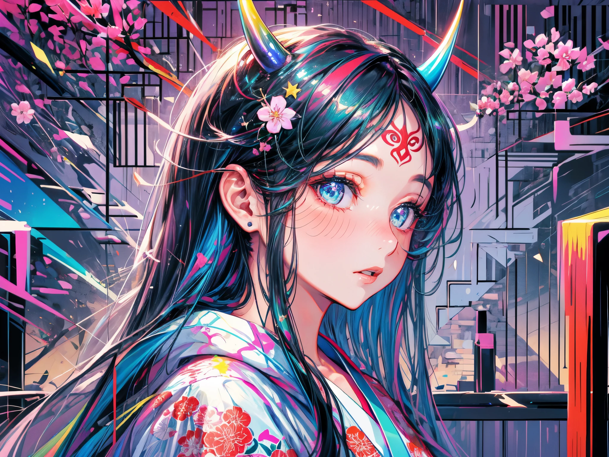 (best quality,masterpiece:1.2,intricate details:1.2),beautiful face,ukiyoe,1girl,a girl in patterned kimono,look at viewer:1.3,face tattoo:1.2,small oni horn,detailed hair,flowing brushstrokes,traditional Japanese art, vibrant colors, golden obi, delicate cherry blossoms, serene expression, traditional makeup, peaceful background, soft lighting
