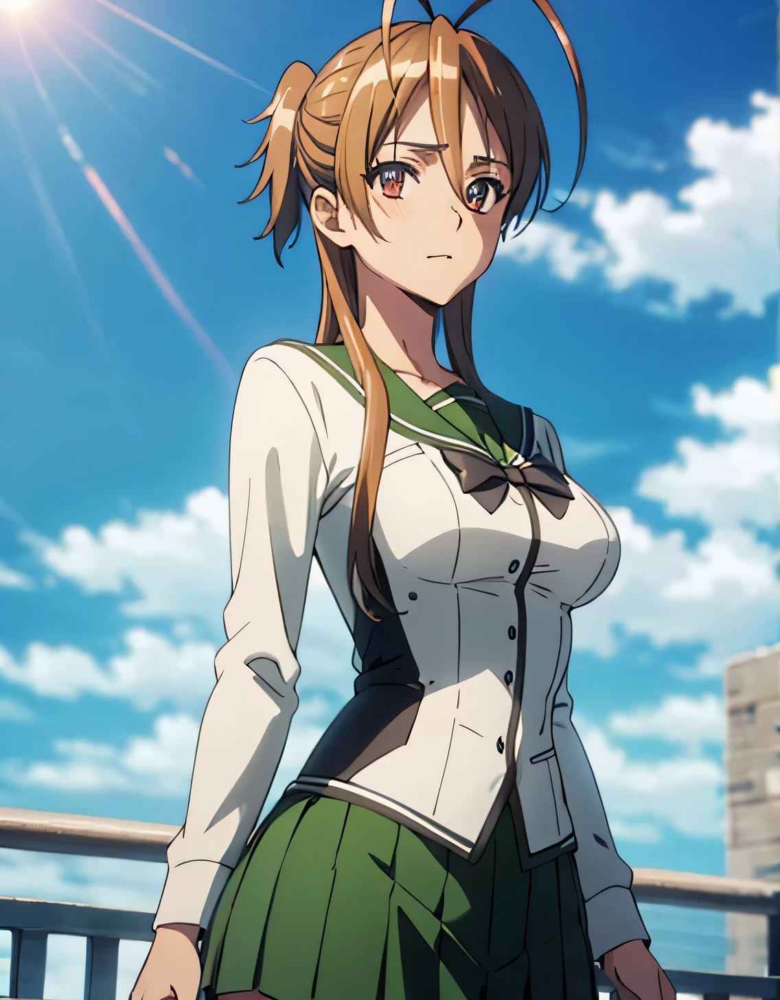 High resolution, disorganized,Rei Miyamoto, school uniform,closed mouth,(big breasts:1.5),looking at the viewer,Are standing,((masterpiece)),((highest quality)),perfect anatomy,8K UHD,highly detailed face,luster and luster,((1 girl)),((alone)),(beautiful and fine eyes:1.5),perfect image,(Upper body:1.1),(look ahead:1.1),turn your arms behind your back,slim waist,shiny hair,outdoor,brown hair,