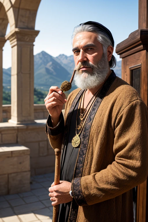 ((melhor qualidade)), ((obra de arte)), (detalhado), rosto perfeito
long-haired, bearded Jewish man, without a hat, holding a snake-shaped copper and wooden staff, adorned with an gold tablet necklace with precious stones encrusted on it, in brown-toned clothes, old and worn clothes, at the foot of a mountain in a Turkish landscape