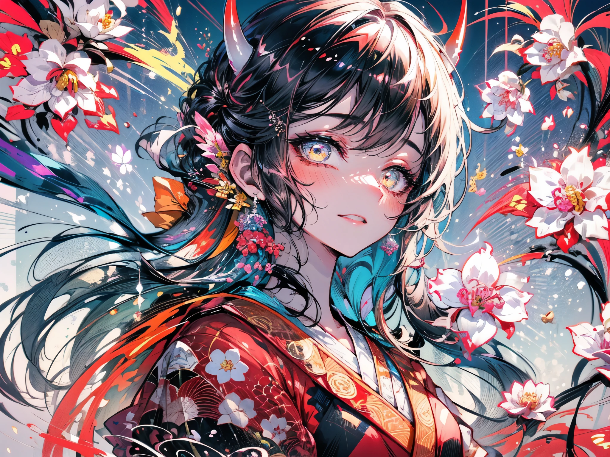 (best quality,masterpiece:1.2,intricate details:1.2),beautiful face,ukiyoe,1girl,a girl in patterned kimono,look at viewer:1.3,face tattoo:1.2,small oni horn,detailed hair,flowing brushstrokes,traditional Japanese art, vibrant colors, golden obi, delicate cherry blossoms, serene expression, traditional makeup, peaceful background, soft lighting