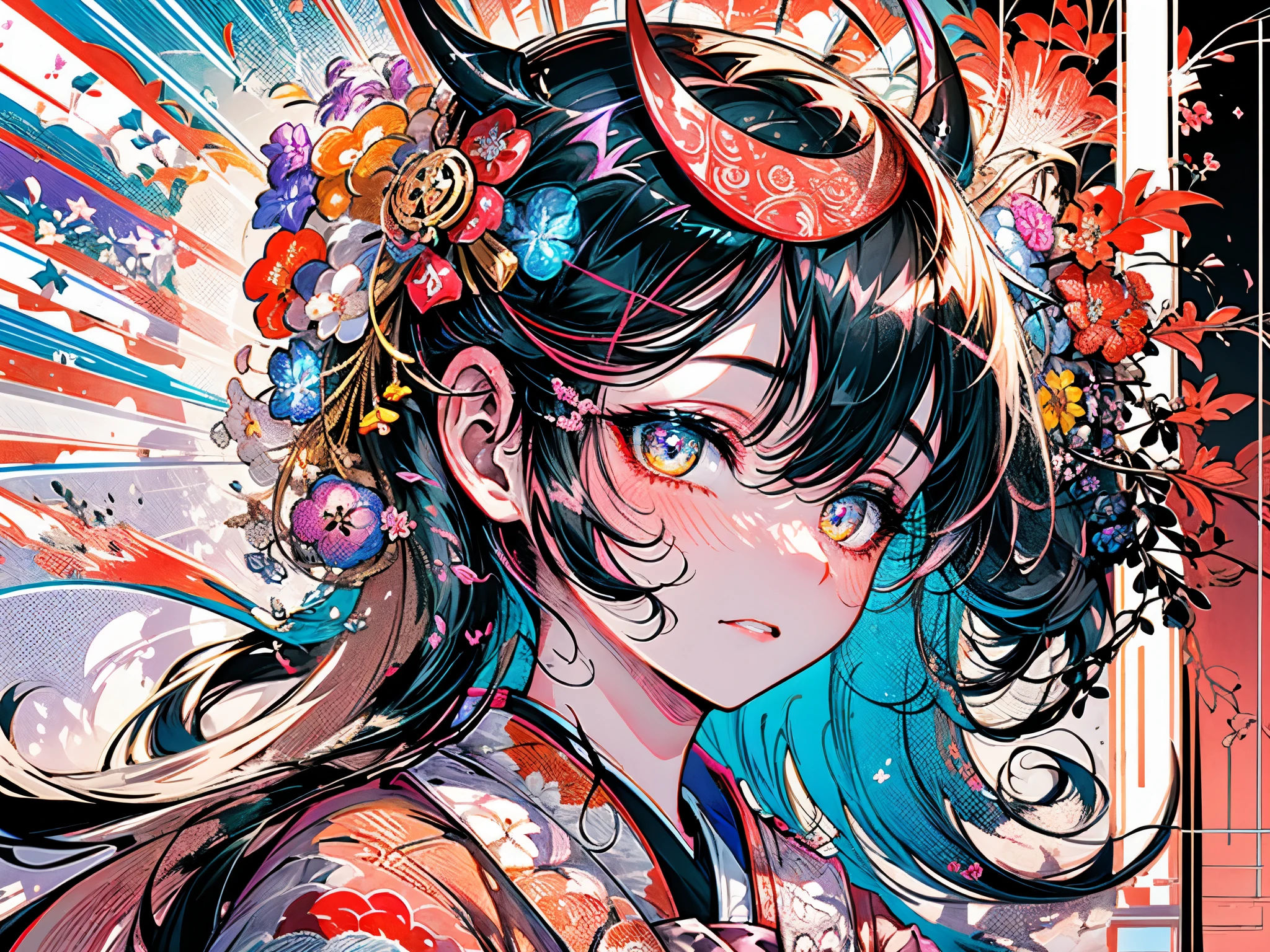 (best quality,masterpiece:1.2,intricate details:1.2),beautiful face,ukiyoe,1girl,a girl in patterned kimono,look at viewer:1.3,face tattoo:1.2,small oni horn,detailed hair,flowing brushstrokes,traditional Japanese art, vibrant colors, golden obi, delicate cherry blossoms, serene expression, traditional makeup, peaceful background, soft lighting