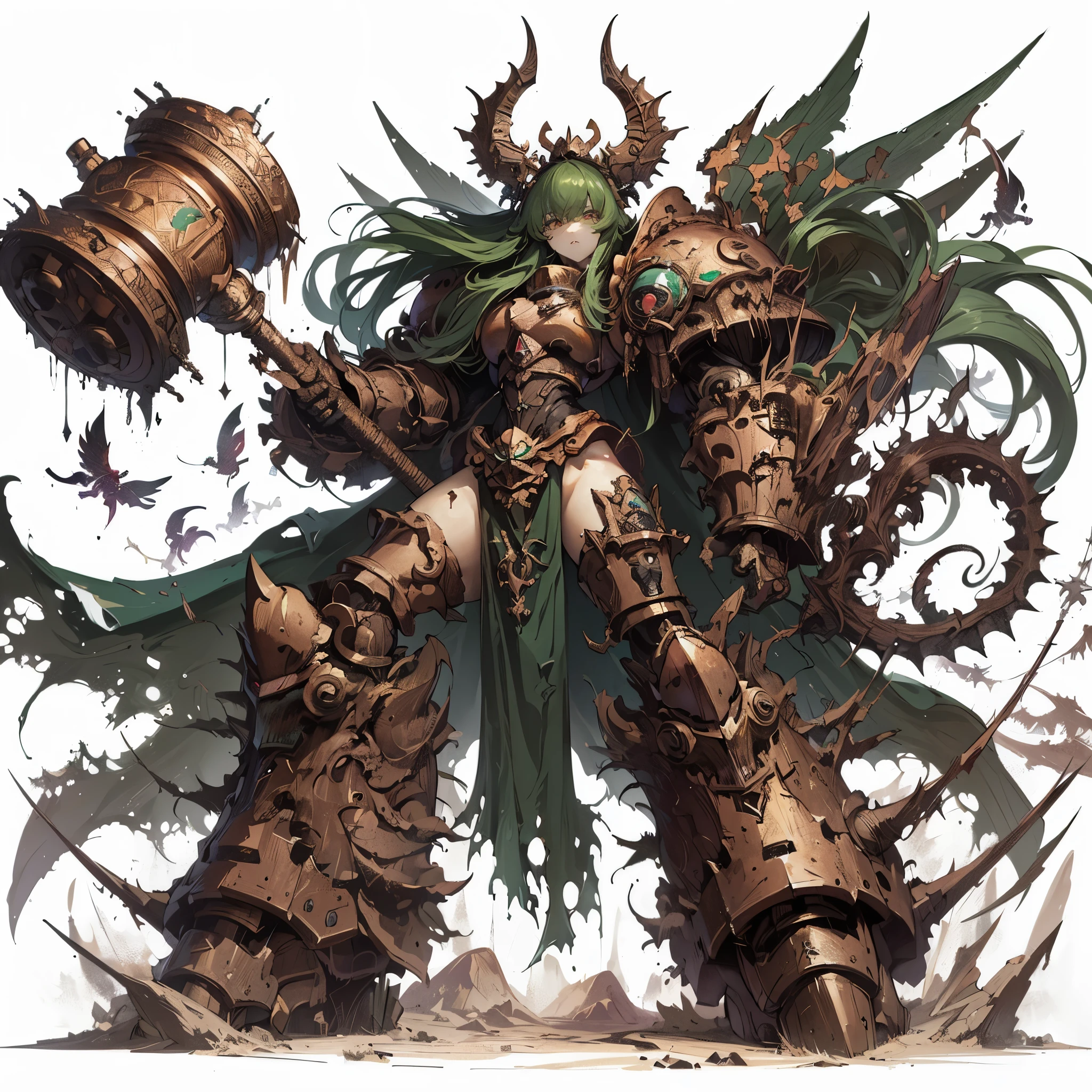 (master piece、highest quality)、Ultra fine、anime style、カオスデーモン女性のwhole body、warhammer 40k、carrying a huge bronze bell、dark green power armor、8K high resolution、artstation on trending、white background、whole body、