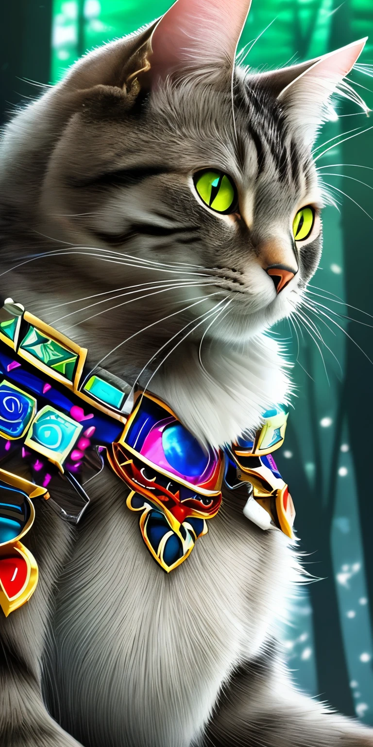 a cat wearing a heavy armour in a fantasy forest, the armour imbued with rainbow crystals, ultra realistic, uhd --auto --s2