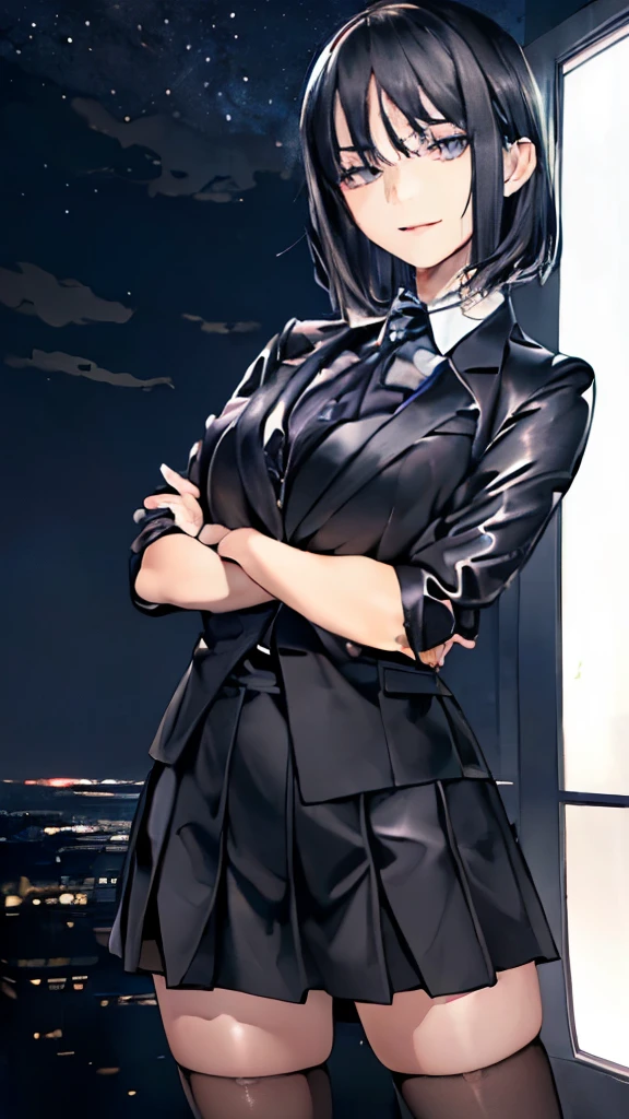 (masterpiece), (highest quality), (perfect face、detailed person、detailed face、detailed eyes), extremely fine skin pores, (fine skin:1.2), art station, night, office, night sky,
cool girl, Dark Business Jacket, Dark Business Skirt, Thighhighs, black short hair, Clear face, light smile, Are standing, 