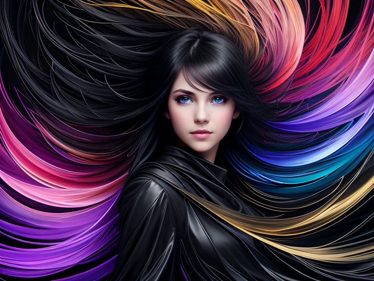 Colorful beautiful girl: 28-years old, messy hair, oil painting, nice perfect face with soft skin, nice perfect face, blue and yellow colors, light purple and violet additions, light red additions, intricate detail, splash screen, 8k resolution, masterpiece, cute face,artstation digital painting smooth veryBlack ink flow: 8k resolution photorealistic masterpiece: intricately detailed fluid gouache painting: by Jean Baptiste Mongue: calligraphy: acrylic: watercolor art, professional photography, natural lighting, volumetric lighting maximalist photoillustration: by marton bobzert:, complex, elegant, expansive, fantastical, wavy hair, vibrant, Best quality details, realistic, High definition, High quality texture, epic lighting, Cinematic film still, 8k, soft lighting, anime style, masterful playing card border, random Colorful art, oil painting, blue yellow colors, light purple and violet additions, light red additions, intricate detail, splash screen, 8k resolution, masterpiece, artstation digital painting smooth veryBlack ink flow: 8k resolution photorealistic masterpiece: intricately detailed fluid gouache painting: by Jean Baptiste Mongue: calligraphy: acrylic: watercolor art, professional photography, natural lighting, volumetric lighting maximalist photoillustration: by marton bobzert:, complex, elegant, expansive, fantastical, vibrant, ((dark plain black background:1.4))