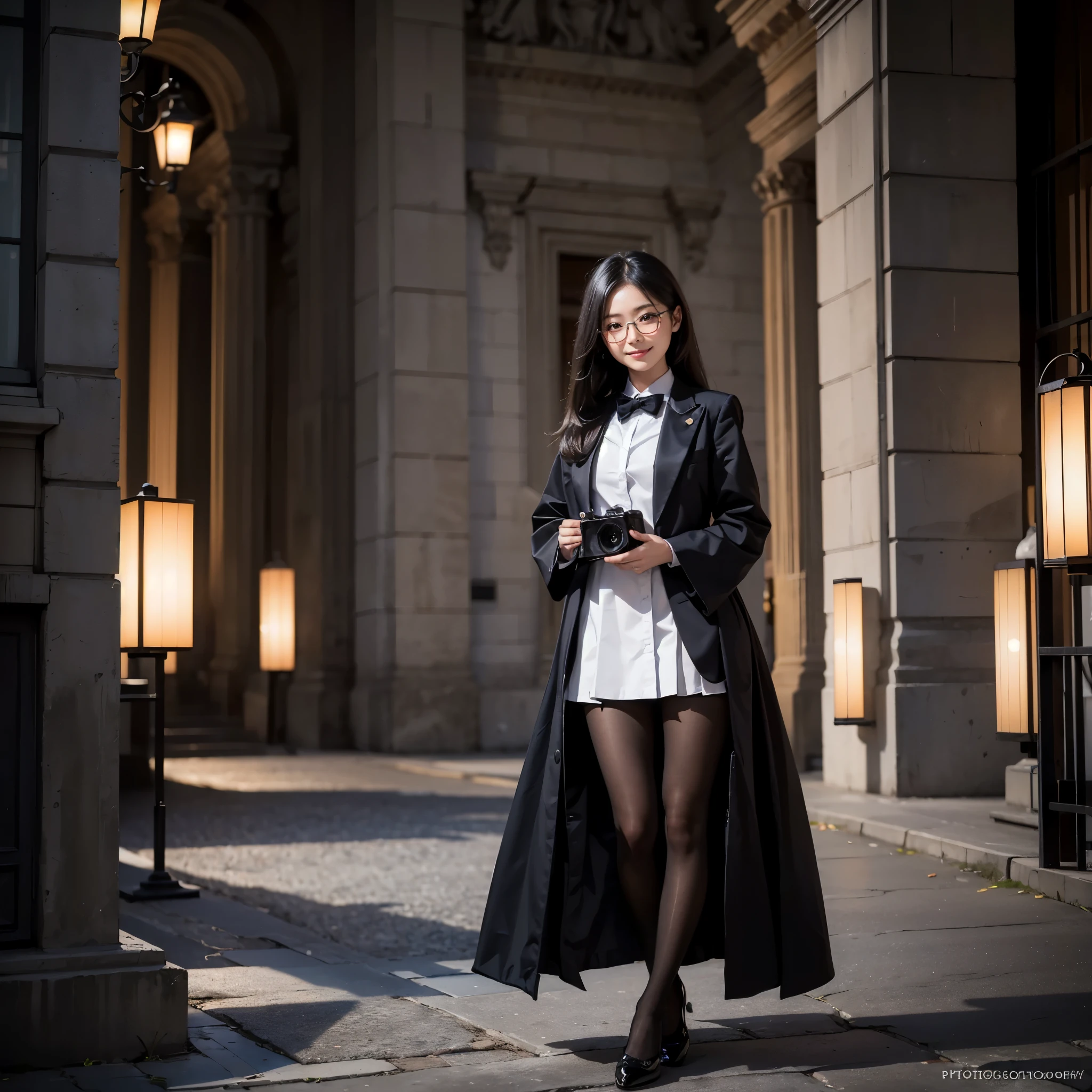 ((photography)),((high quality)),1 girl,A Japanese girl is holding a book,around she is Europe building,glasses,black long hair,black beautiful eye,Wear a tuxedo and a knee-length skirt,Wear neat shoes.,Wear gray stockings,smile,(((everything perfect)))