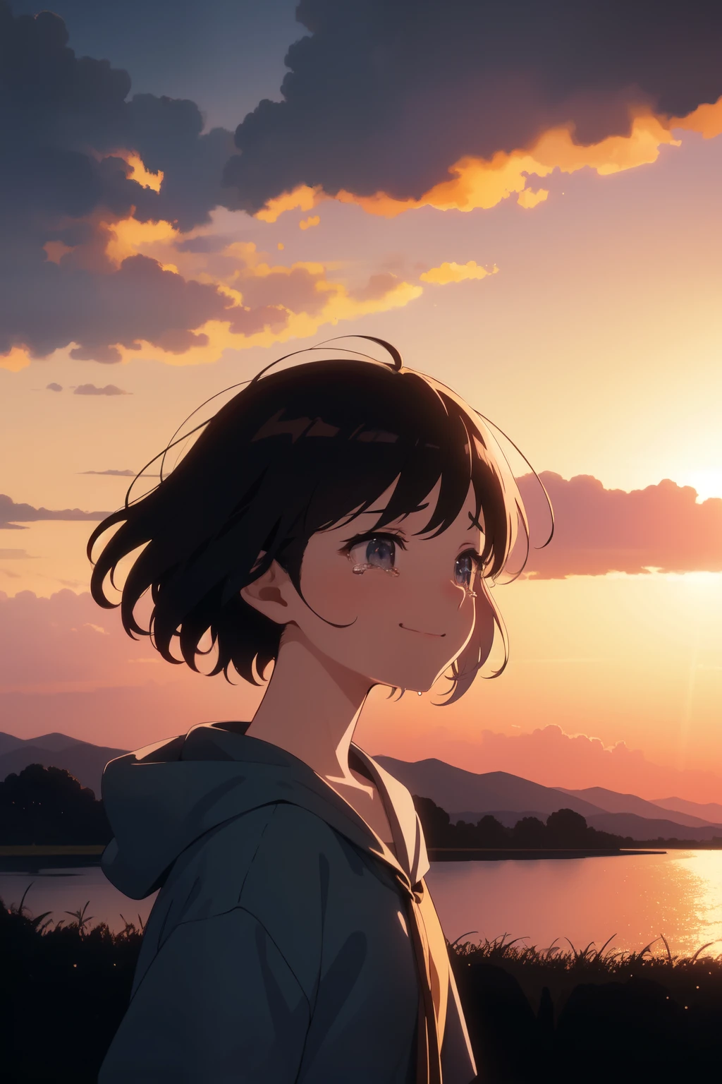 ((best quality)), ((masterpiece)), (Cinematic Aesthetic:1.4) Photo of a beautiful (best illustration:1.2),girl,crying while smiling,plain landscape,sunset,silhouette against the clouds,look at him,anime style,soft colors,warm lighting