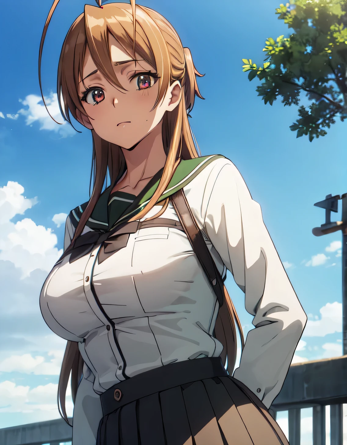 High resolution, disorganized,Rei Miyamoto, school uniform,closed mouth,huge breasts,looking at the viewer,Are standing,((masterpiece)),((highest quality)),perfect anatomy,8K UHD,highly detailed face,luster and luster,((1 girl)),((alone)),(beautiful and fine eyes:1.5),perfect image,(Upper body:1.1),(look ahead:1.1),turn your arms behind your back,slim waist,shiny hair,outdoor,brown hair,