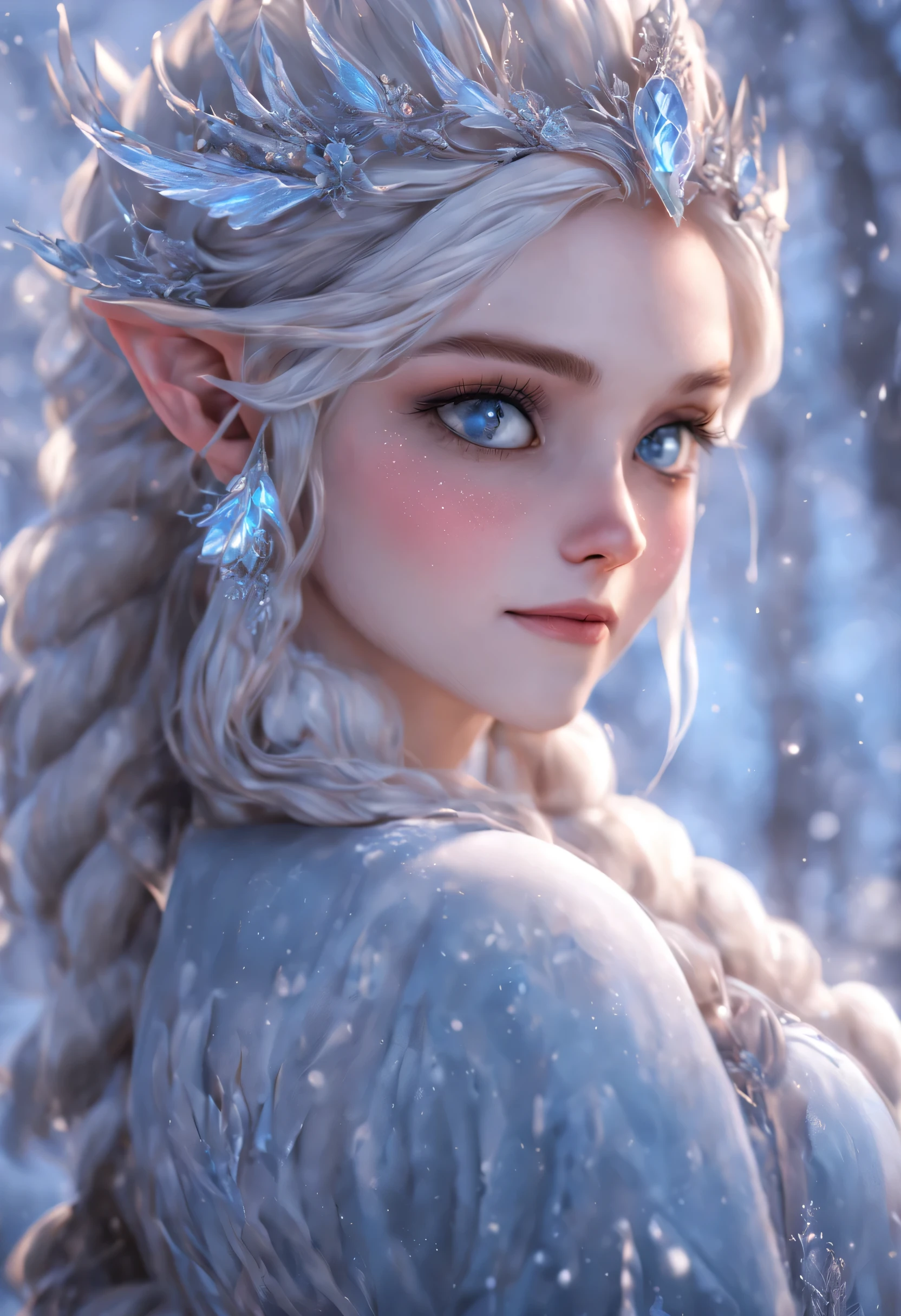 (best quality,4K,8k,high resolution,masterpiece:1.2), super detailed, (actual,lifelike,lifelike的:1.37),Perfect work，backLight，（frozen rime：1.37，refracted Light，Frost，transparent，（Stylized female elf,Elf right eye，sharp teeth，white hair，messy hair，wing。），human development report，ultra high definition，Light，Super beautiful paintings，sharp focus，Physically based rendering，extremely detailed description，main，Vibrant colorlur background。 Art style：portrait，fantasy，magical beings，Cool colors，ethereal atmosphere。