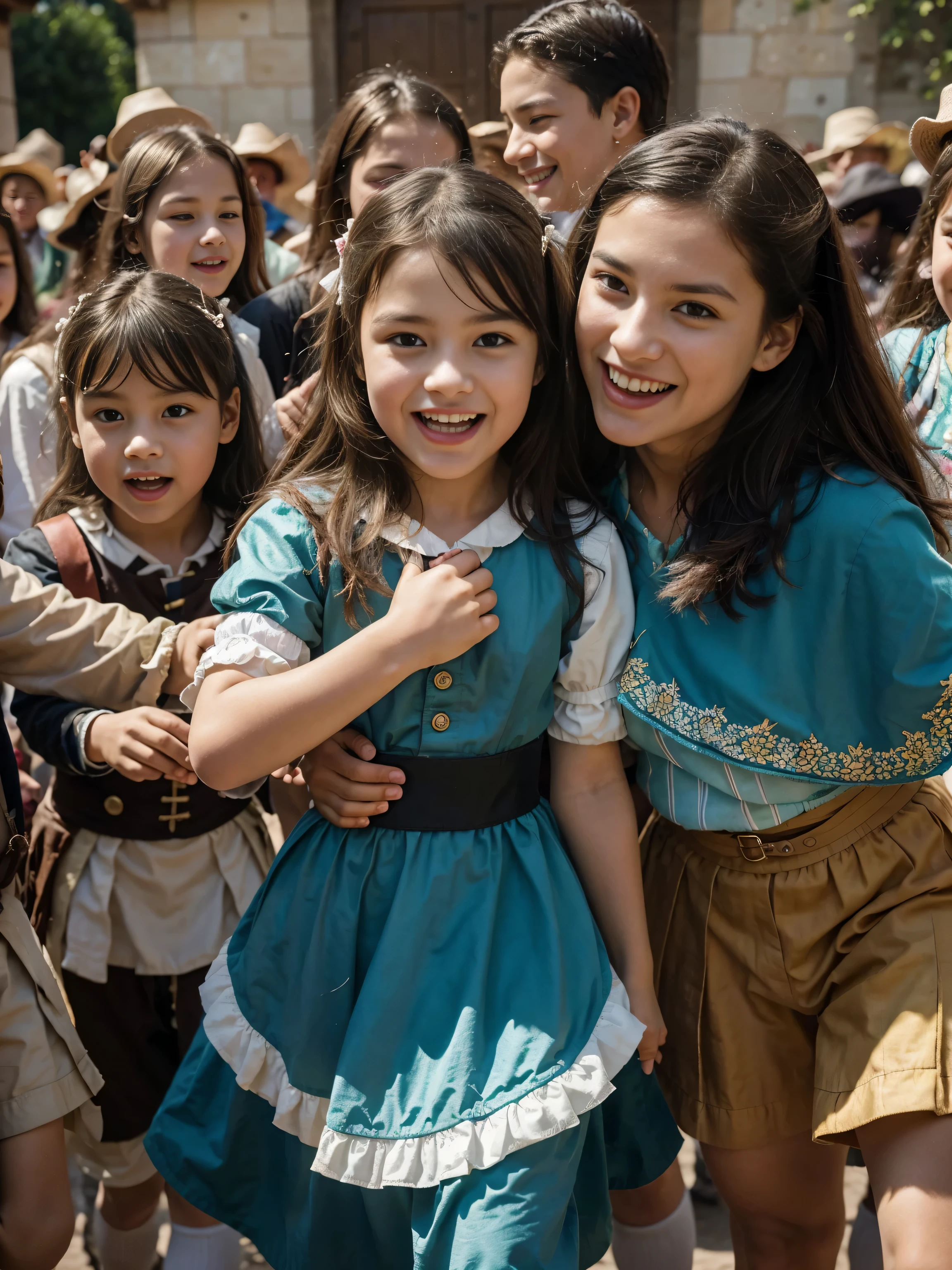 a lively and detailed scene featuring a multitude of children, approximately a thousand boys and girls, predominantly boys, dressed in 17th-century attire. Capture the age range of to 20 years old as they engage in playful activities, including games and friendly mock battles. Highlight the historical accuracy of their clothing, showcasing the unique fashion of the 17th century. Convey the exuberance and energy of the scene, illustrating the joyous interactions and occasional playful scuffles among the children. Emphasize the vibrant atmosphere, where the sights and sounds of their activities come to life in this historical setting.