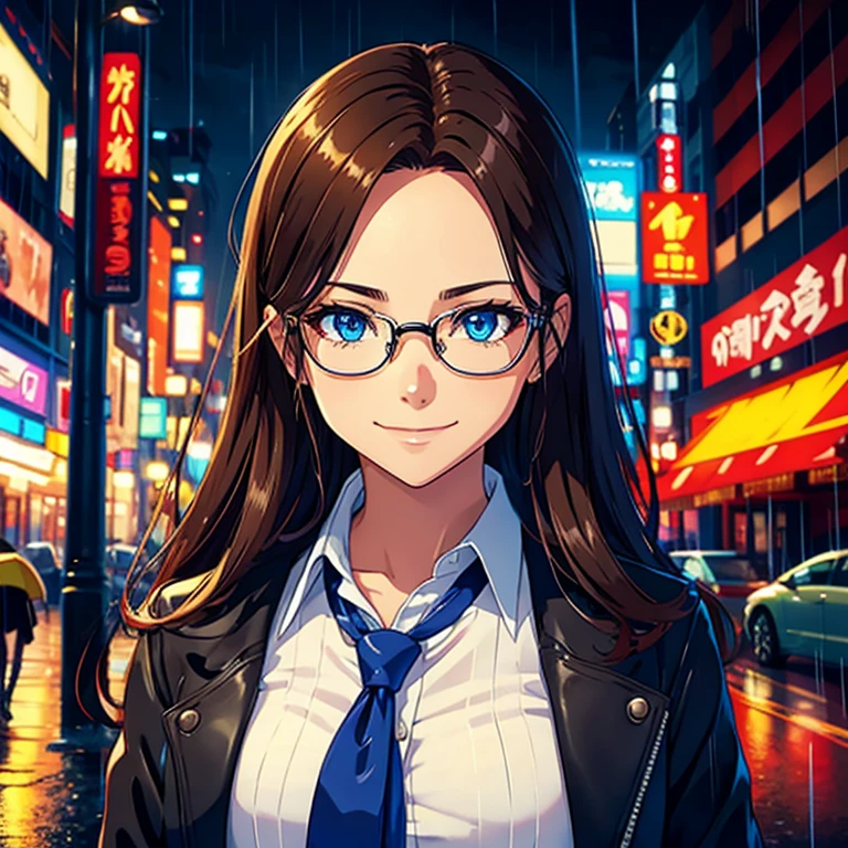  portrait picture, 1 person, alone, anime woman, blue eyes, brown hair, free forehead, smiling, black glasses, in rainy city