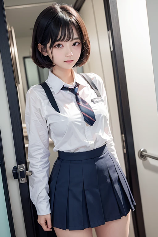 high school girl、short hair、uniform、Miniskirt that seems to show pants、beautiful girl、