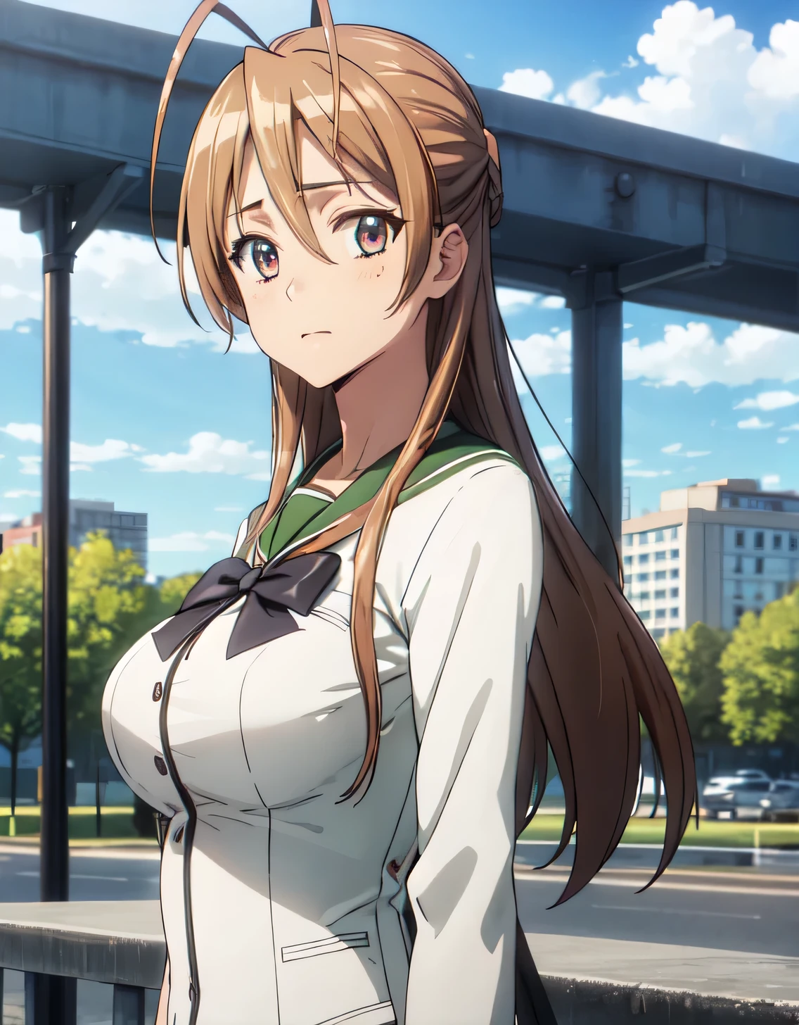 High resolution, disorganized,Rei Miyamoto, school uniform,closed mouth,huge breasts,looking at the viewer,Are standing,((masterpiece)),((highest quality)),perfect anatomy,8K UHD,highly detailed face,luster and luster,((1 girl)),((alone)),(beautiful and fine eyes:1.5),perfect image,(Upper body:1.1),(look ahead:1.1),turn your arms behind your back,slim waist,shiny hair,outdoor,brown hair,