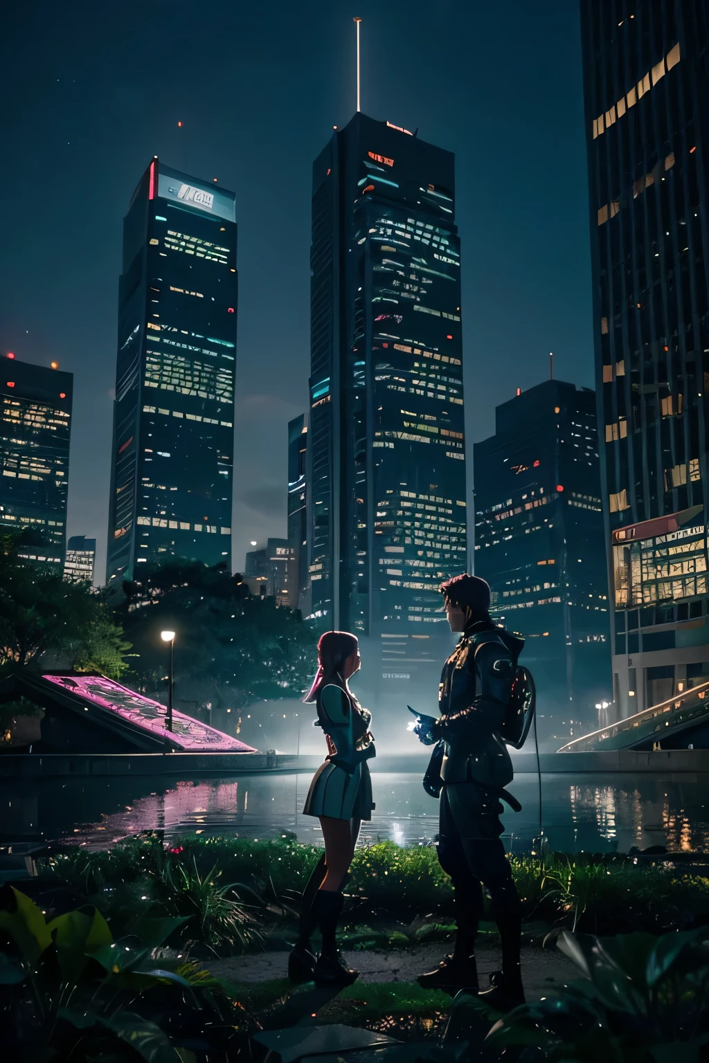 "Create a captivating scene set in a futuristic anime world where advanced technology and nature seamlessly coexist. Picture a bustling cityscape with skyscrapers adorned with holographic billboards, flying vehicles zipping through the air, and futuristic characters with unique fashion styles. In the midst of this urban landscape, imagine a serene botanical garden filled with vibrant, otherworldly plants and flowers, illuminated by the soft glow of bioluminescent lights. The main focus should be on a group of anime characters engaged in a moment of camaraderie, perhaps sharing a meal or enjoying a leisurely conversation. Capture the dynamic energy of the city and the tranquility of the botanical garden in a single frame, emphasizing the contrast and harmony between technology and nature in this futuristic anime setting."