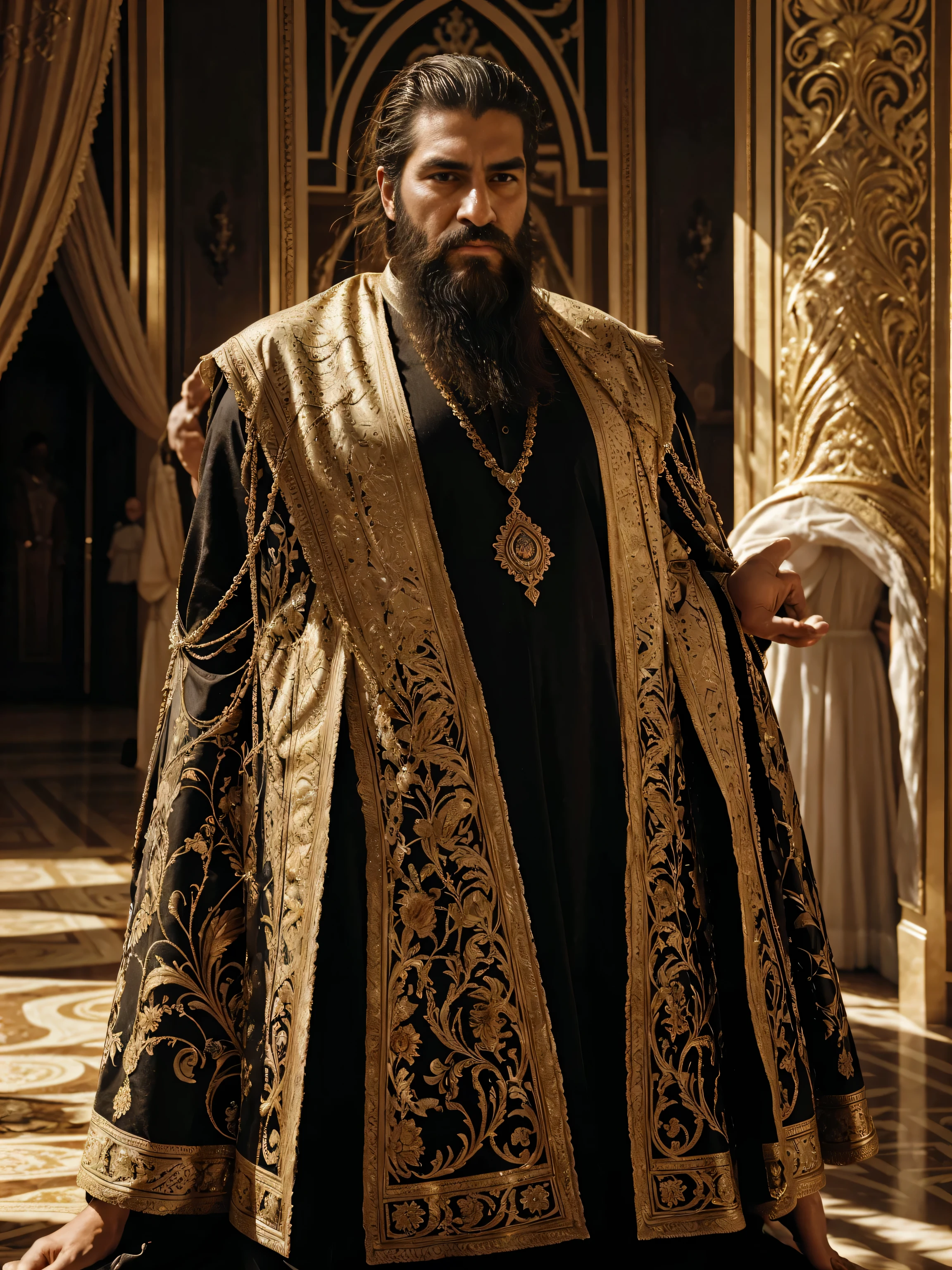 a vivid and detailed visual representation of Ismael Sharif's royal court at the age of 40, featuring his distinguished long black beard and a strong, imposing physique. Convey the opulence and tension that permeated this historical setting. Illuminate the regal atmosphere through intricate details of luxurious furnishings, opulent attire, and the grandeur of the court. Highlight Ismael Sharif's commanding presence, emphasizing the strength reflected in his body and the authority conveyed by his beard. Capture the subtle tensions in the air, showcasing the complex dynamics and intrigue within the court during this significant period.