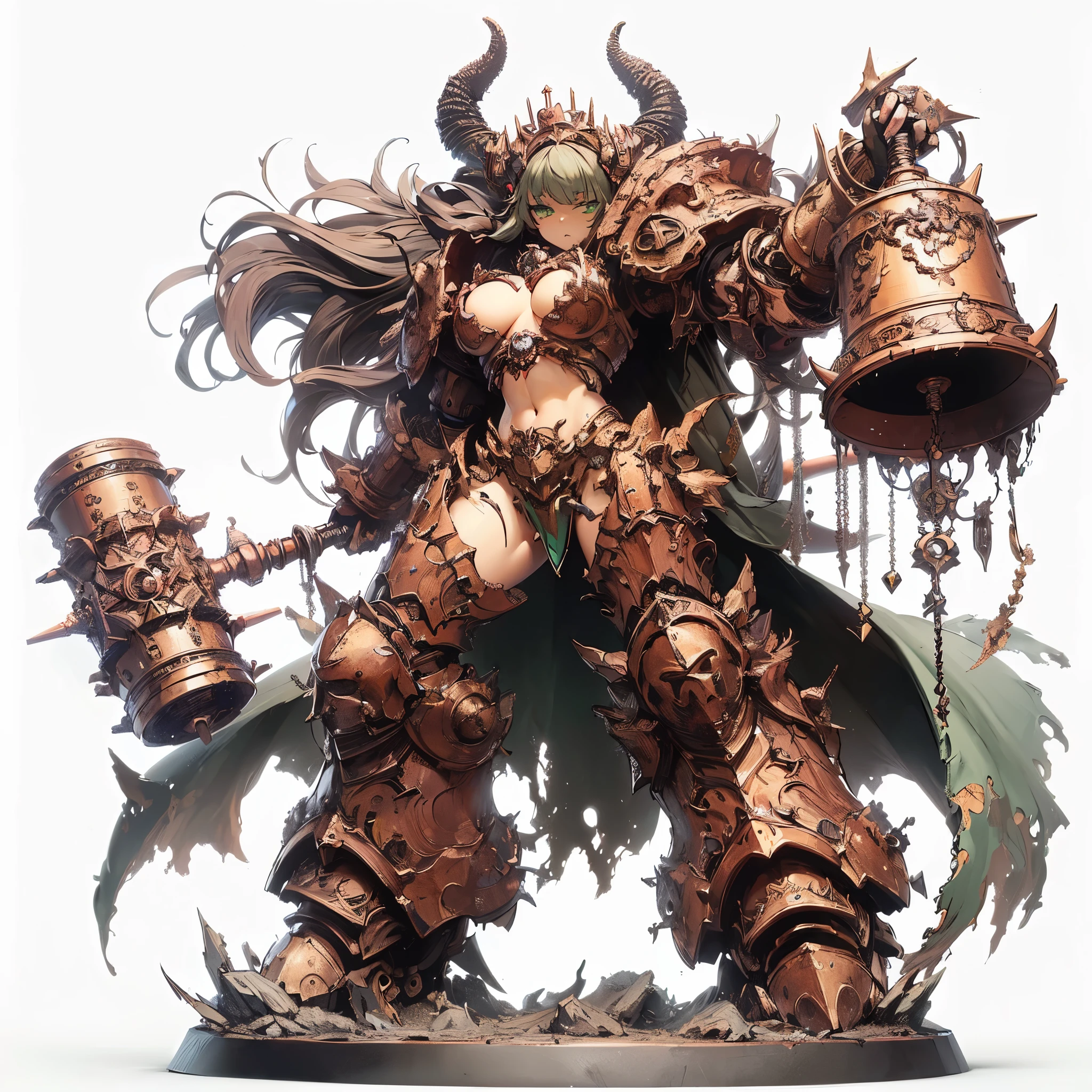 (master piece、highest quality)、Ultra fine、anime style、カオスデーモン女性のwhole body、warhammer 40k、carrying a huge bronze bell、dark green power armor、8K high resolution、artstation on trending、white background、whole body、