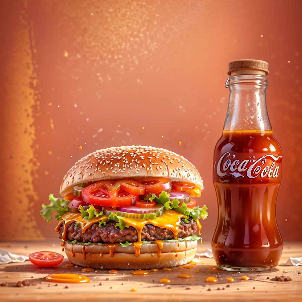 hamburger next to glass bottle of soda with coca cola label, fundo em gradiente radial em tons amarelos, ingredientes flutuando no fundo, ((motion blur)), ((qualidade 8k)), molho vermelho pingando, ((rodelas de tomate)), tomate enfeitando a arte