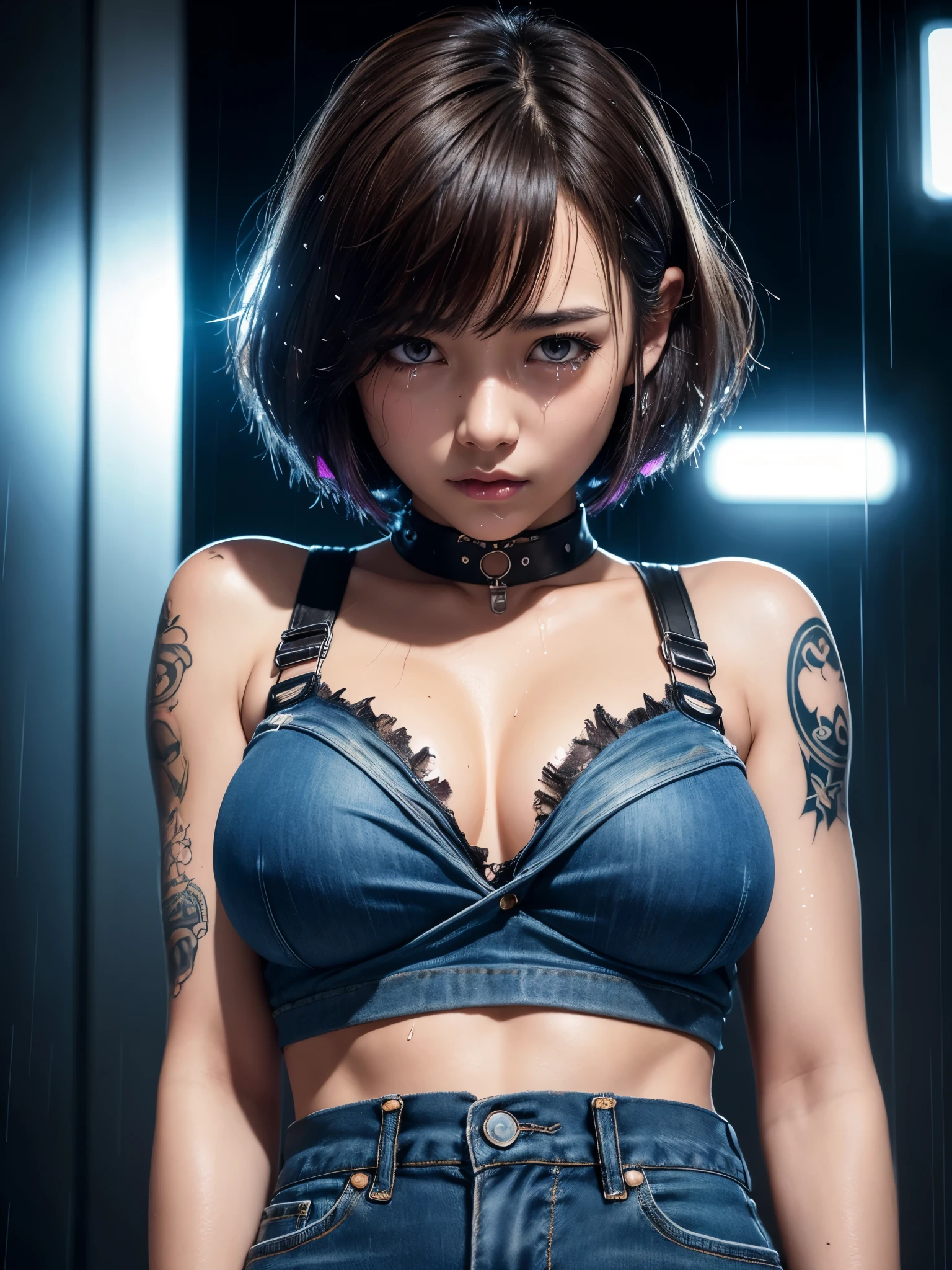 8K、master piece、highest quality、highest level、Highest image quality、muste piece、intricate details、high resolution、depth field、Natural light、professional lighting、(1 person)、solo、asian boyish girl、(cute:1.2)、very beautiful 18 year old cartoon girl、(high detail skin: 1.2)、Photorealistic anime girl rendering、Realistic anime 3D style、((short bob cut、、beautiful light brown hair、強烈なblack eyes、strong eye highlights、very big breasts、perfect anatomy))、thighs open、face turns red、shy、((Torn and tattered damaged denim hot pants))、choker、hands behind the back、((beautiful brown hair、short hair、crossed bangs、asymmetrical bangs、short bob cut、stick out ears、eyelashes、black eyes、crying and crying、sophisticated headphones、Tattoo on the chest、Body shiny with oil、black metallic bra、Damaged blue short denim hot pants))、((it&#39;s raining、The body gets wet from the rain))、Decadent and futuristic urban area in the evening、((Lightning is glowing、Flashing blue and purple neon tubes))、