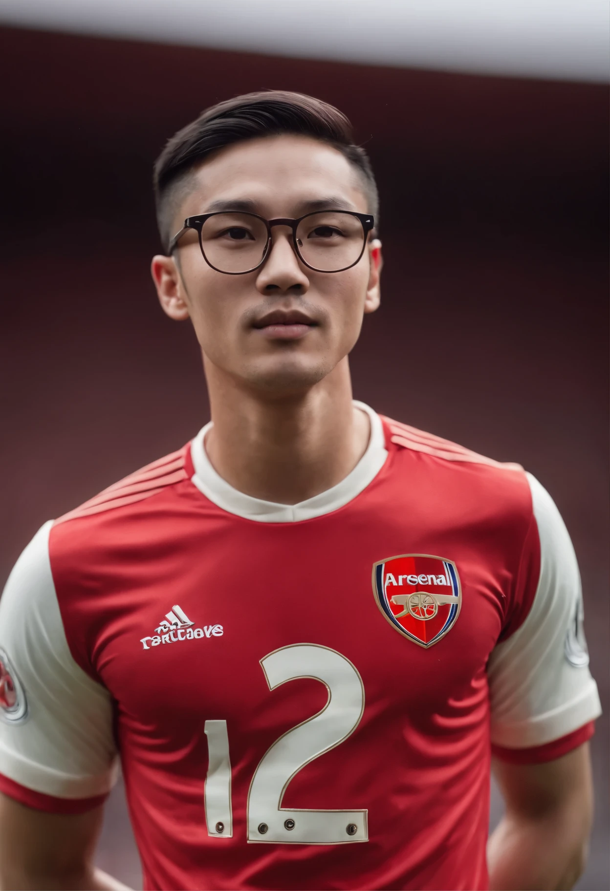 Asian male football player wearing glasses at Arsenal, name on shirt, Number 22