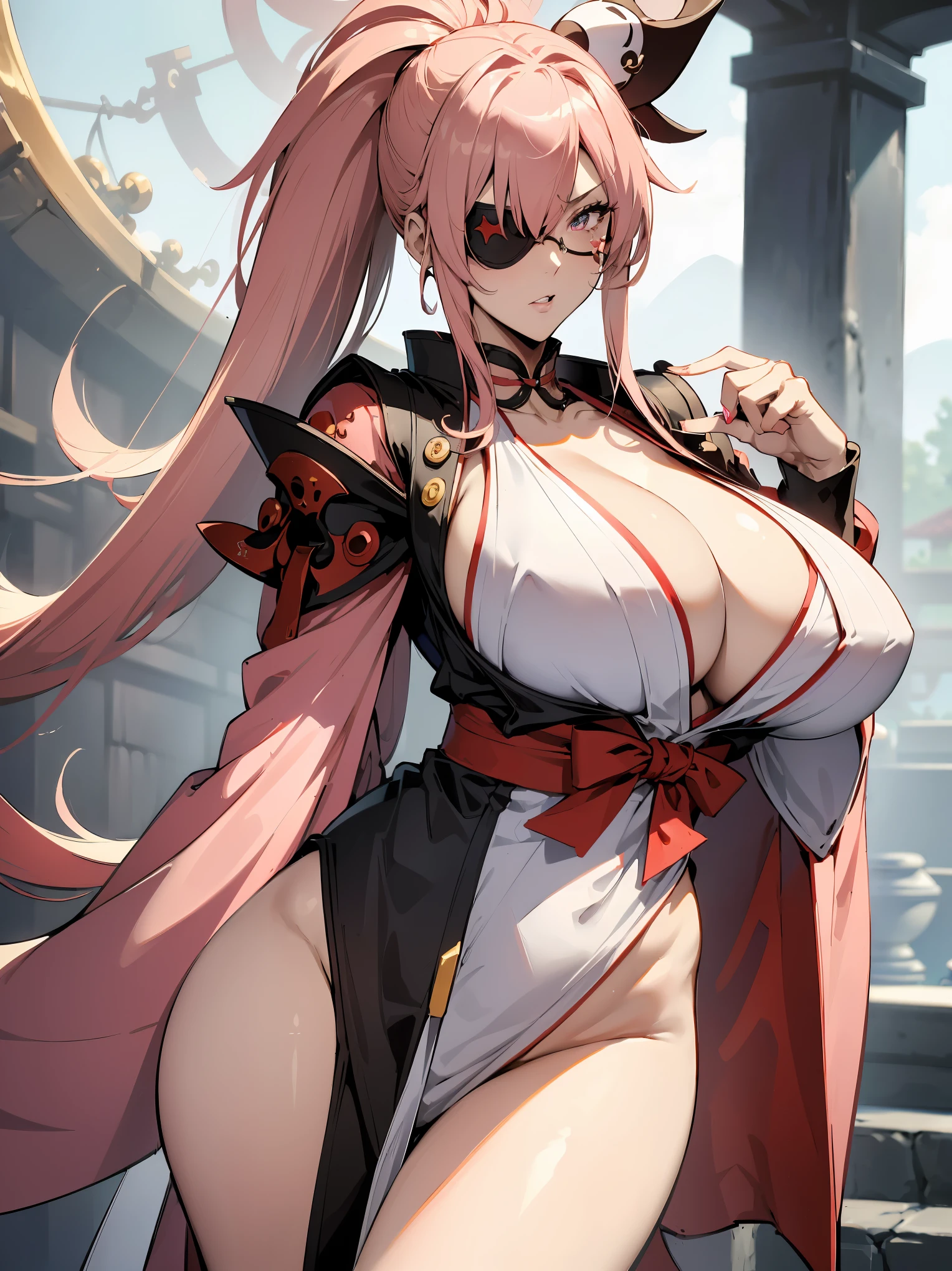 masterpiece:1.2, ((Guilty Gear: Strive game)), ((Baiken character)), 1women, (best quality), (real picture, intricate details, depth of field), make up, parted lips, highly-detailed, perfect face, (huge breasts:1.8), (skindentation), attractive waist, tall, glossy coral lips, moderate musculature, toned abdomen, beautiful navel, (extra long high pink ponytail :1.2), (white ribbon in hair)  (beautiful bright pink color eyes), face ornament, sexy, (dressed in a kimono in red, white and black shades), (women's fundoshi), (white female fundosi), (blushing, drunk), sleepy expression, peaceful atmosphere, massive cleavage, disproportional tits, hanging breasts,
(the left eye is closed, eye patch on the left eye),  (the left hand is missing, the left hand is hidden), 